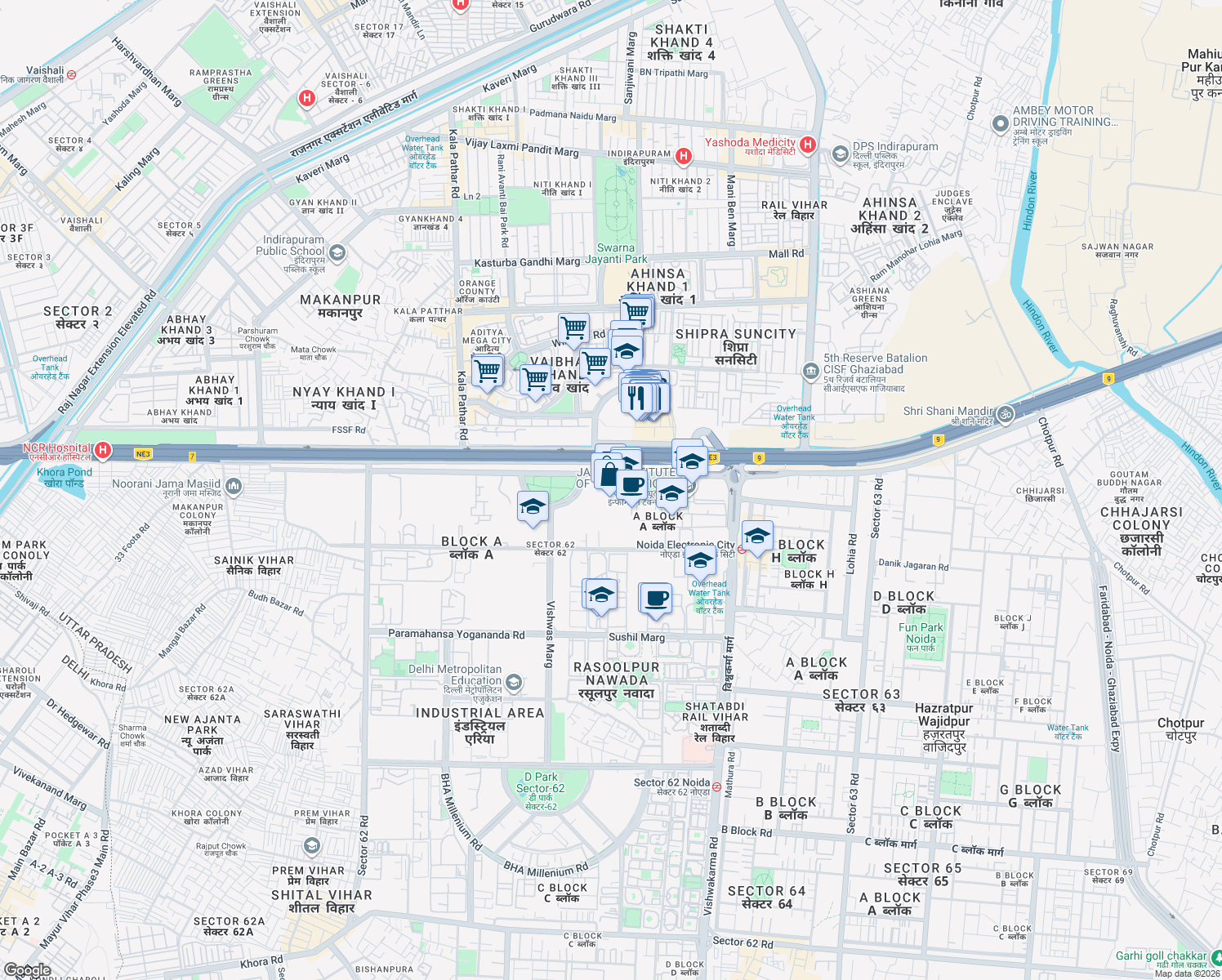 map of restaurants, bars, coffee shops, grocery stores, and more near in Noida