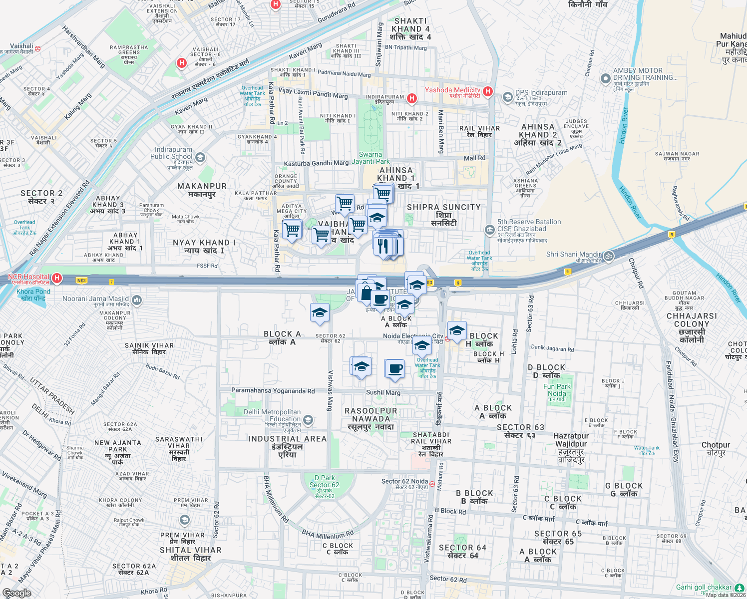 map of restaurants, bars, coffee shops, grocery stores, and more near in Noida