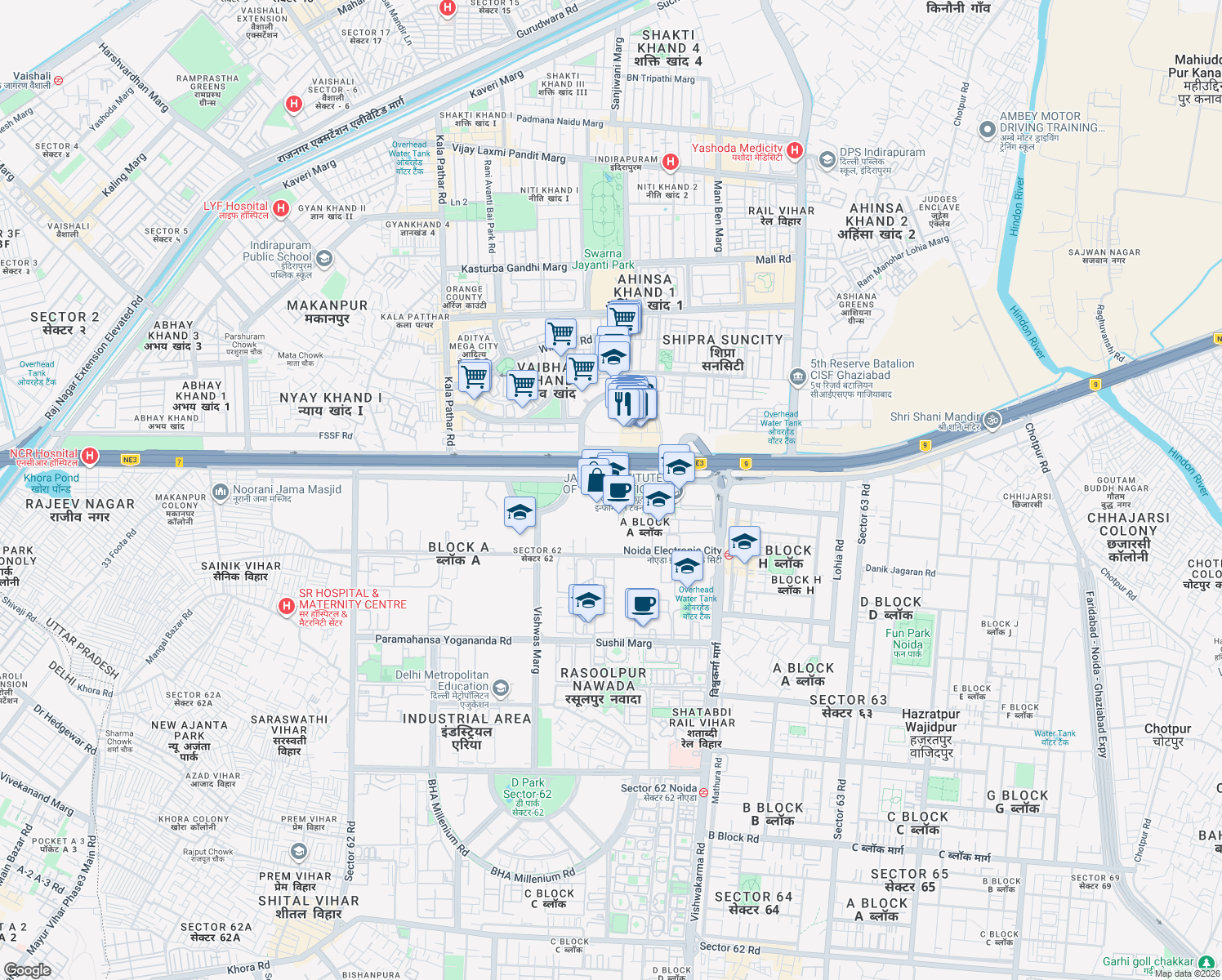 map of restaurants, bars, coffee shops, grocery stores, and more near in Noida