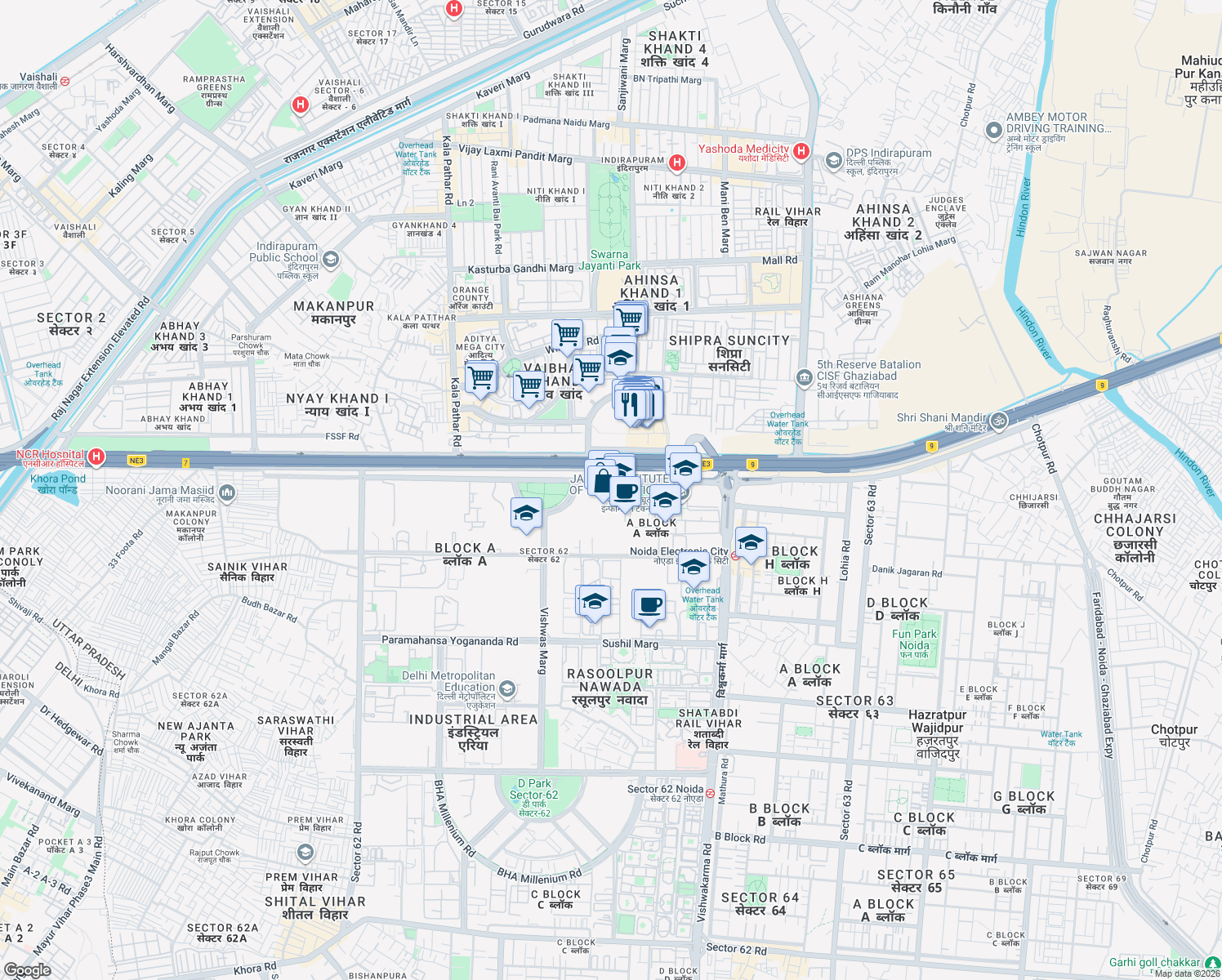 map of restaurants, bars, coffee shops, grocery stores, and more near in Noida