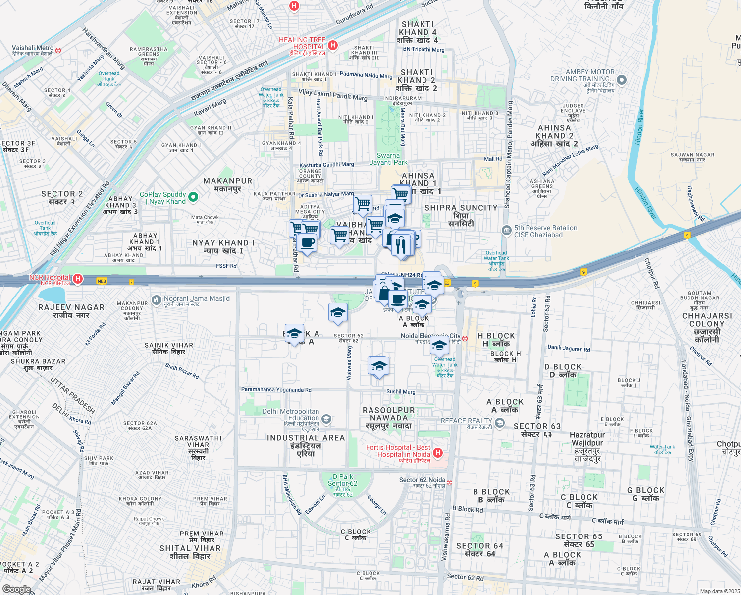 map of restaurants, bars, coffee shops, grocery stores, and more near Shipra Mall Underpass in New Okhla Industrial Development Area