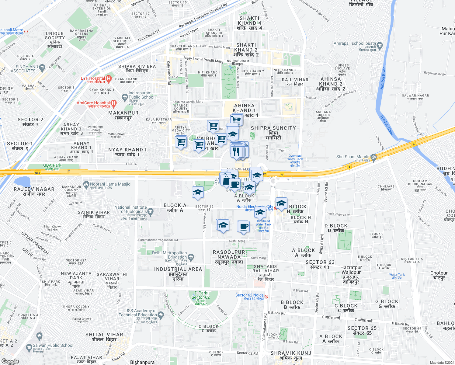 map of restaurants, bars, coffee shops, grocery stores, and more near in Noida