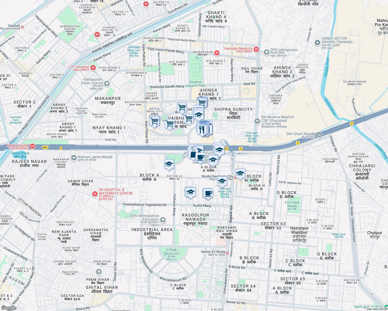 map of restaurants, bars, coffee shops, grocery stores, and more near in Noida