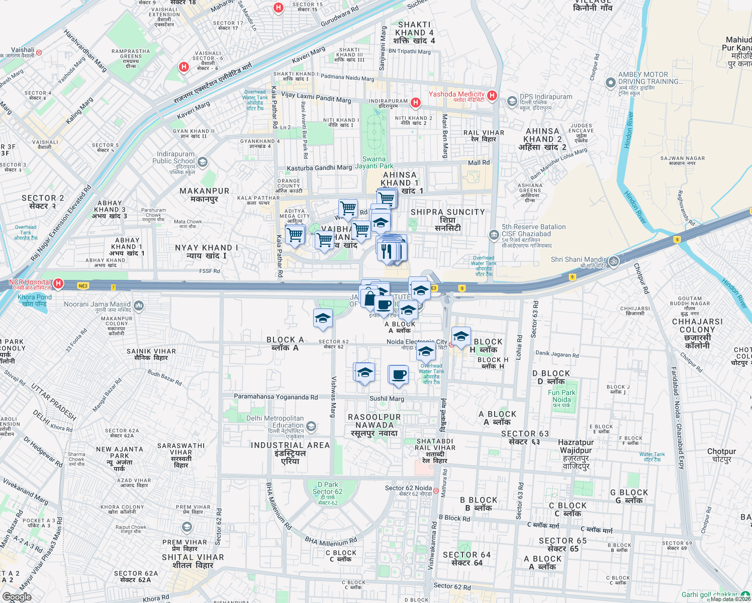 map of restaurants, bars, coffee shops, grocery stores, and more near in Noida