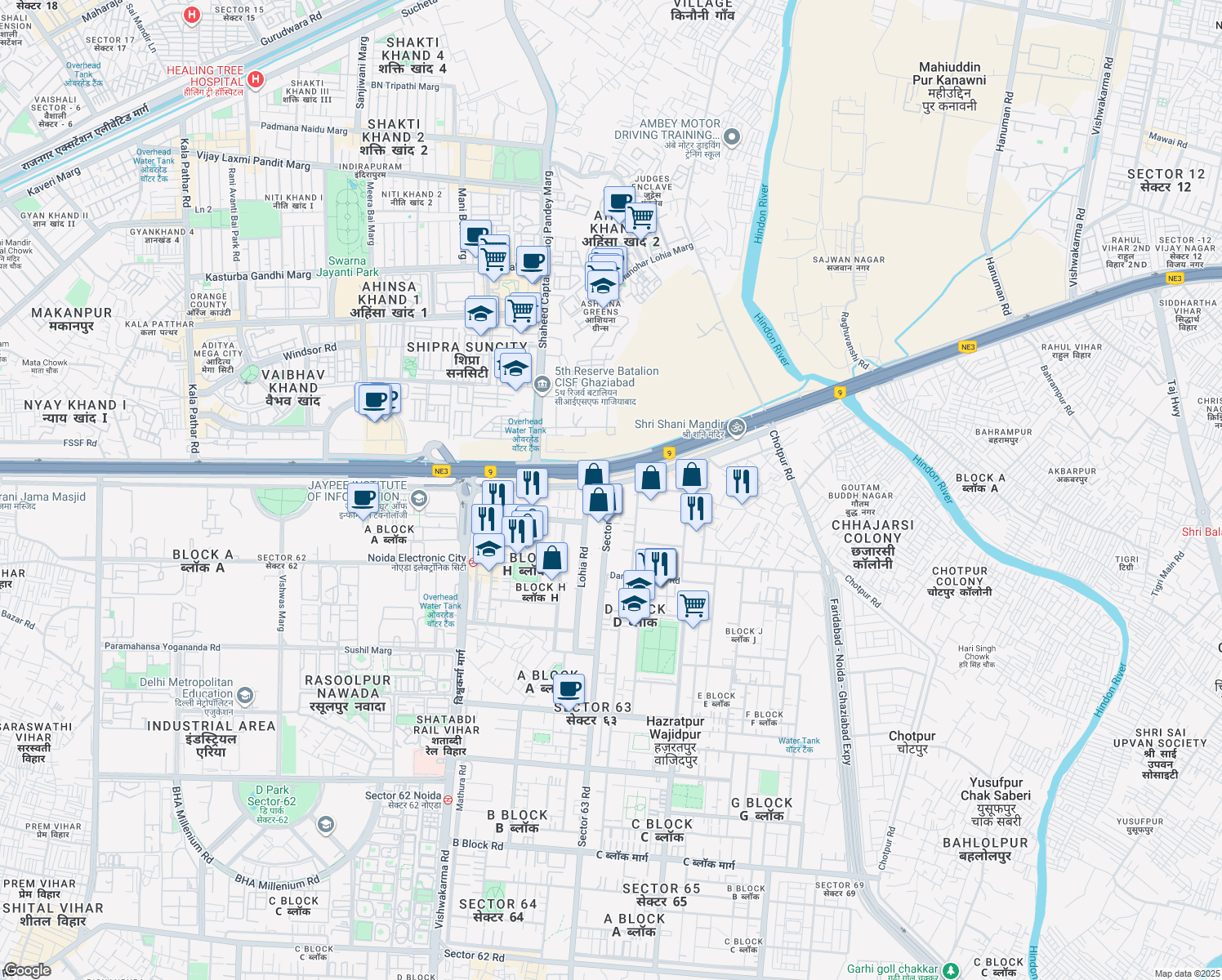 map of restaurants, bars, coffee shops, grocery stores, and more near H-161 Sector 63 Road in Noida