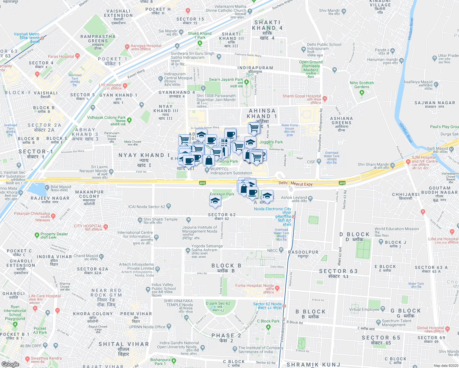 map of restaurants, bars, coffee shops, grocery stores, and more near Shipra Mall Underpass in Noida