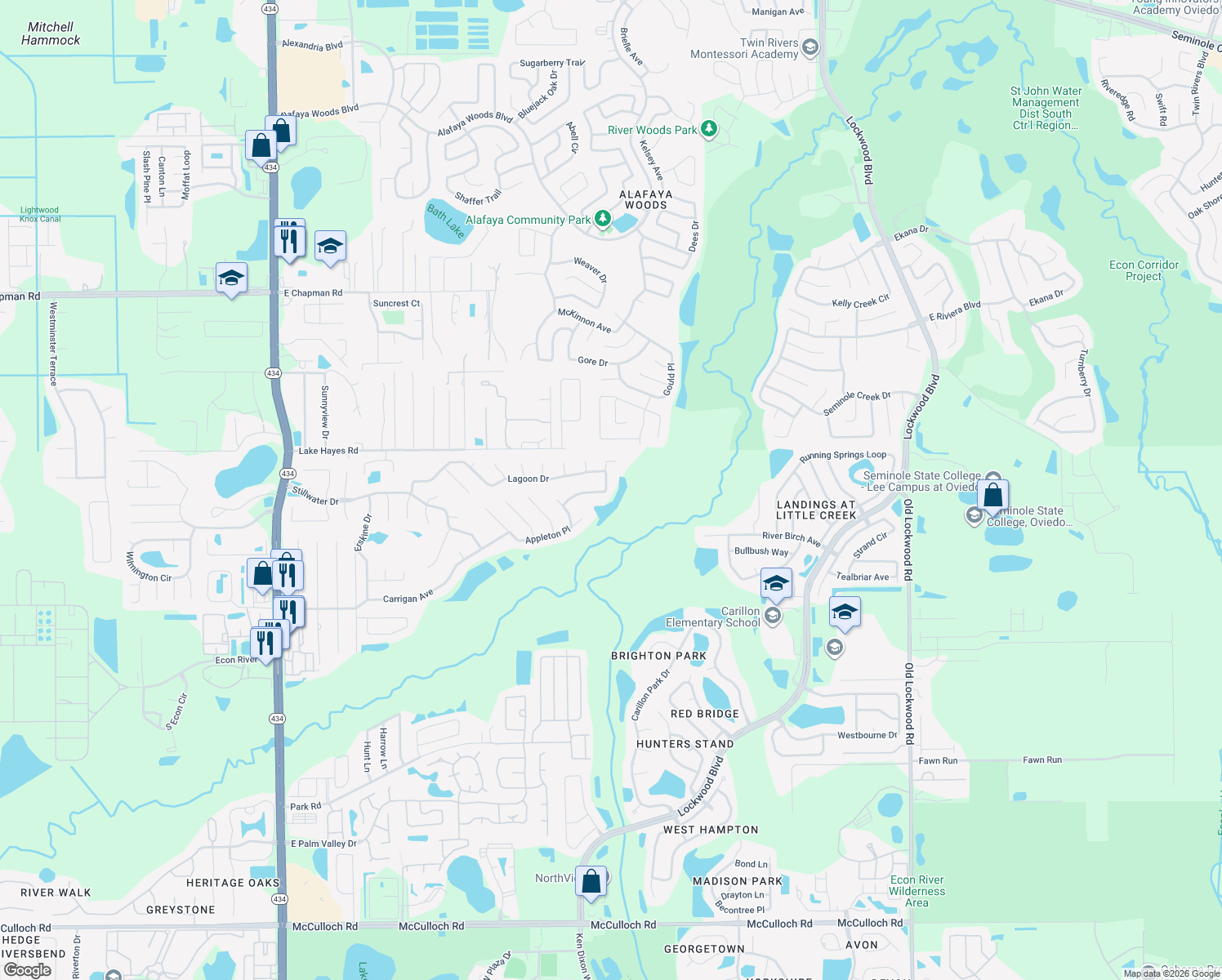map of restaurants, bars, coffee shops, grocery stores, and more near 908 Lagoon Drive in Oviedo