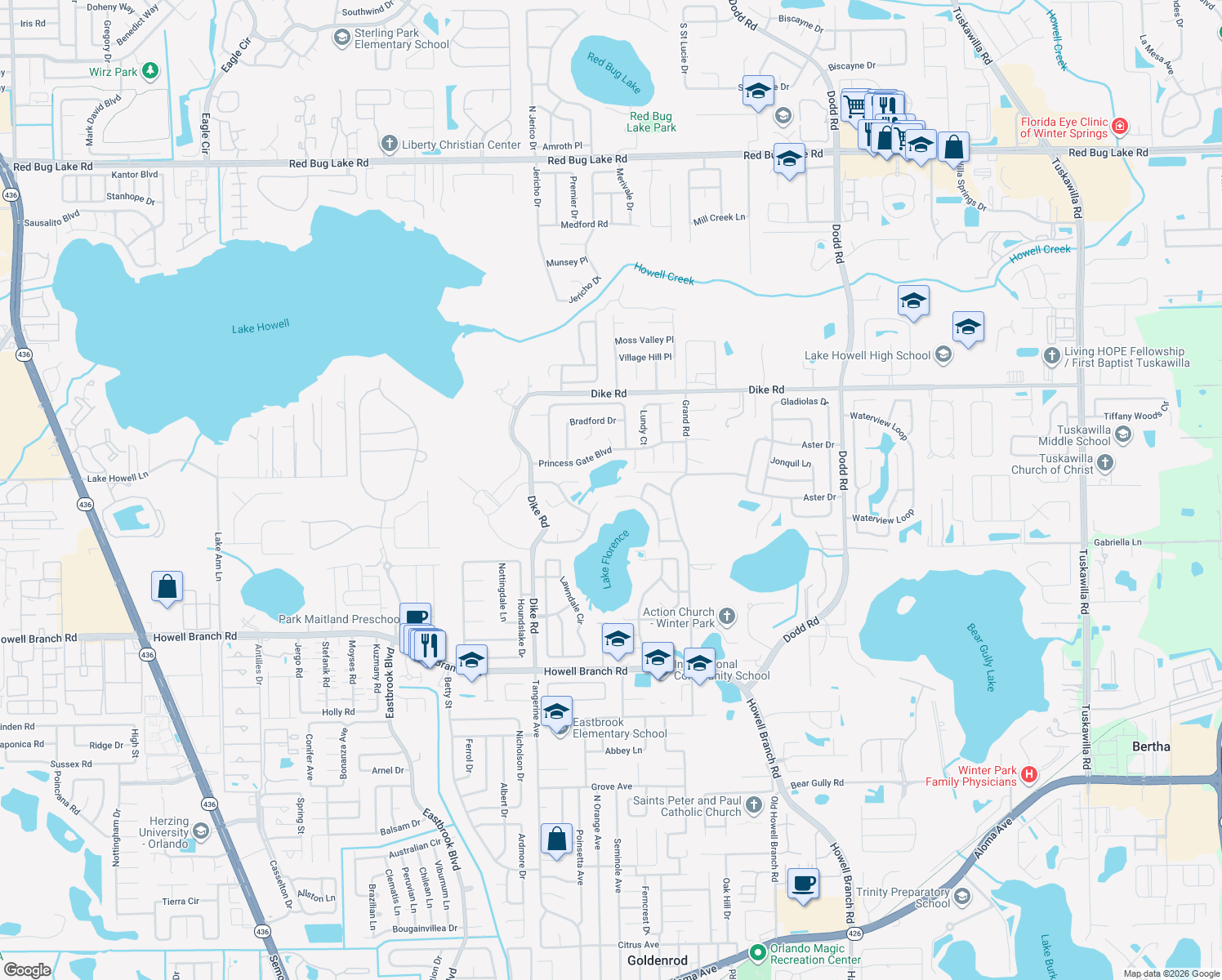 map of restaurants, bars, coffee shops, grocery stores, and more near 1465 Pelican Bay Trail in Winter Park