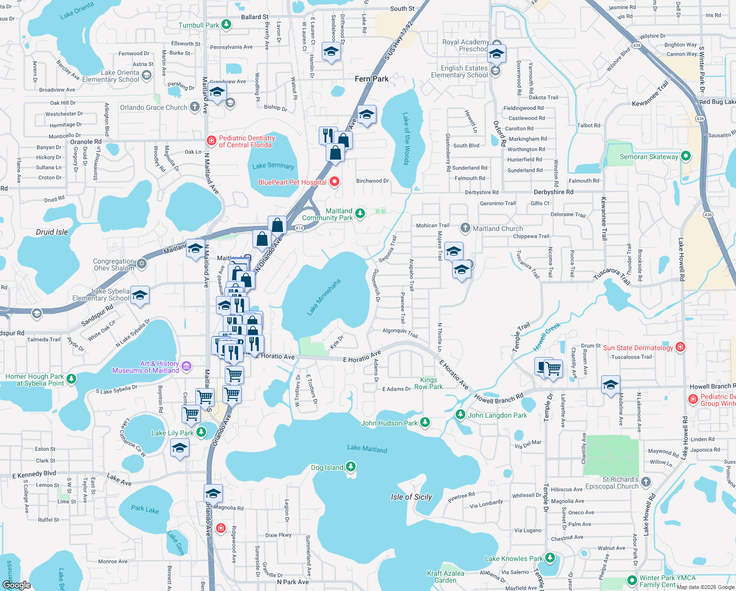 map of restaurants, bars, coffee shops, grocery stores, and more near 551 Dommerich Drive in Maitland