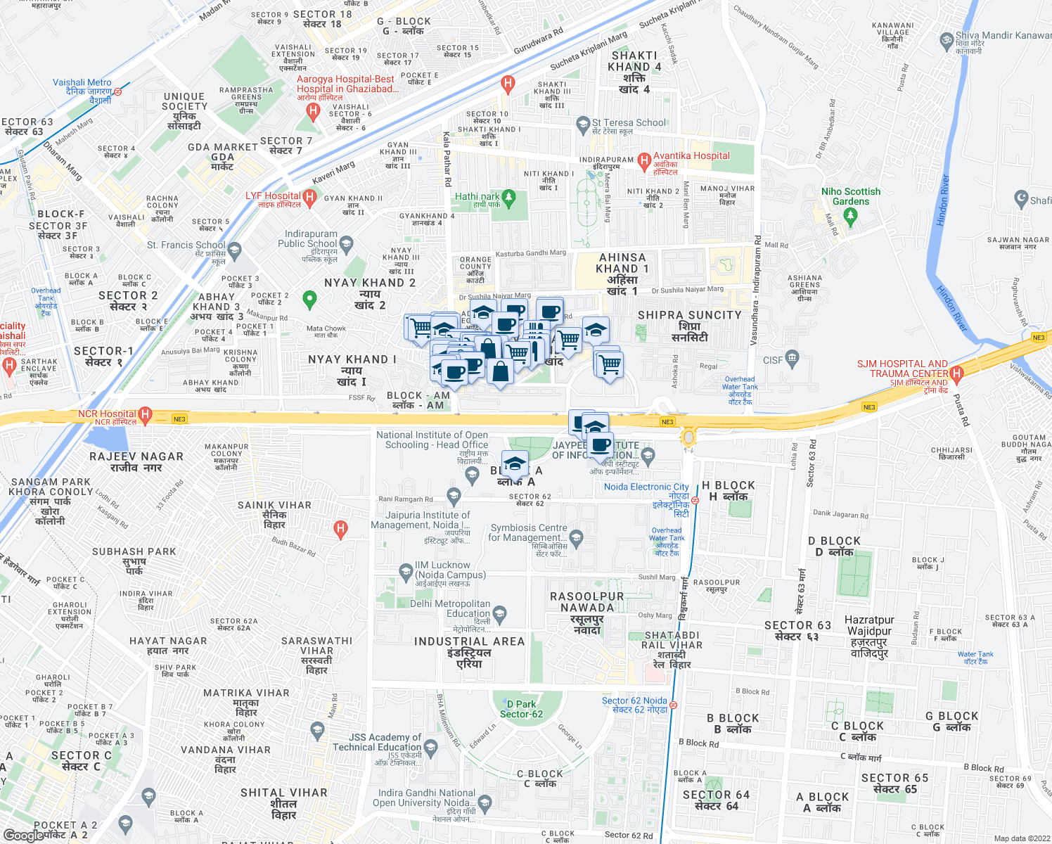 map of restaurants, bars, coffee shops, grocery stores, and more near National Highway 24 in Noida