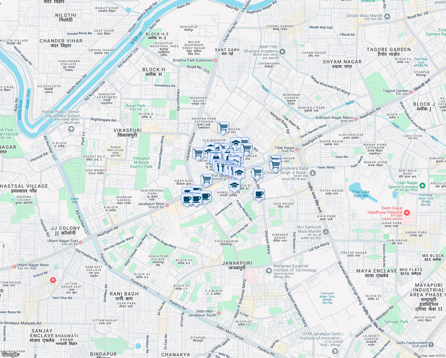 map of restaurants, bars, coffee shops, grocery stores, and more near 78 Najafgarh Road in New Delhi