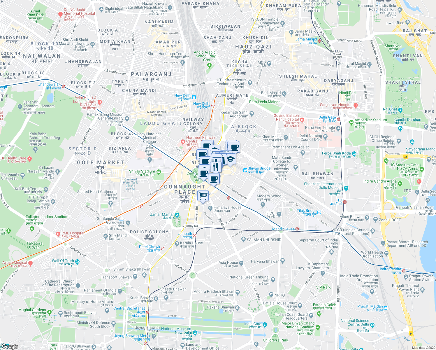 map of restaurants, bars, coffee shops, grocery stores, and more near 13 Rajiv Chowk in New Delhi