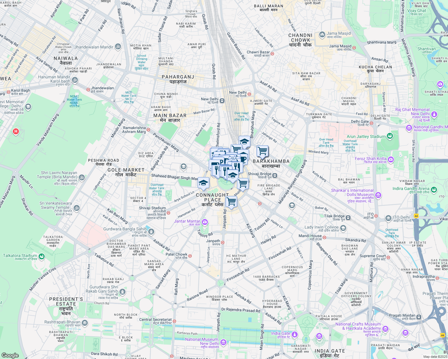 map of restaurants, bars, coffee shops, grocery stores, and more near 13 Rajiv Chowk in New Delhi