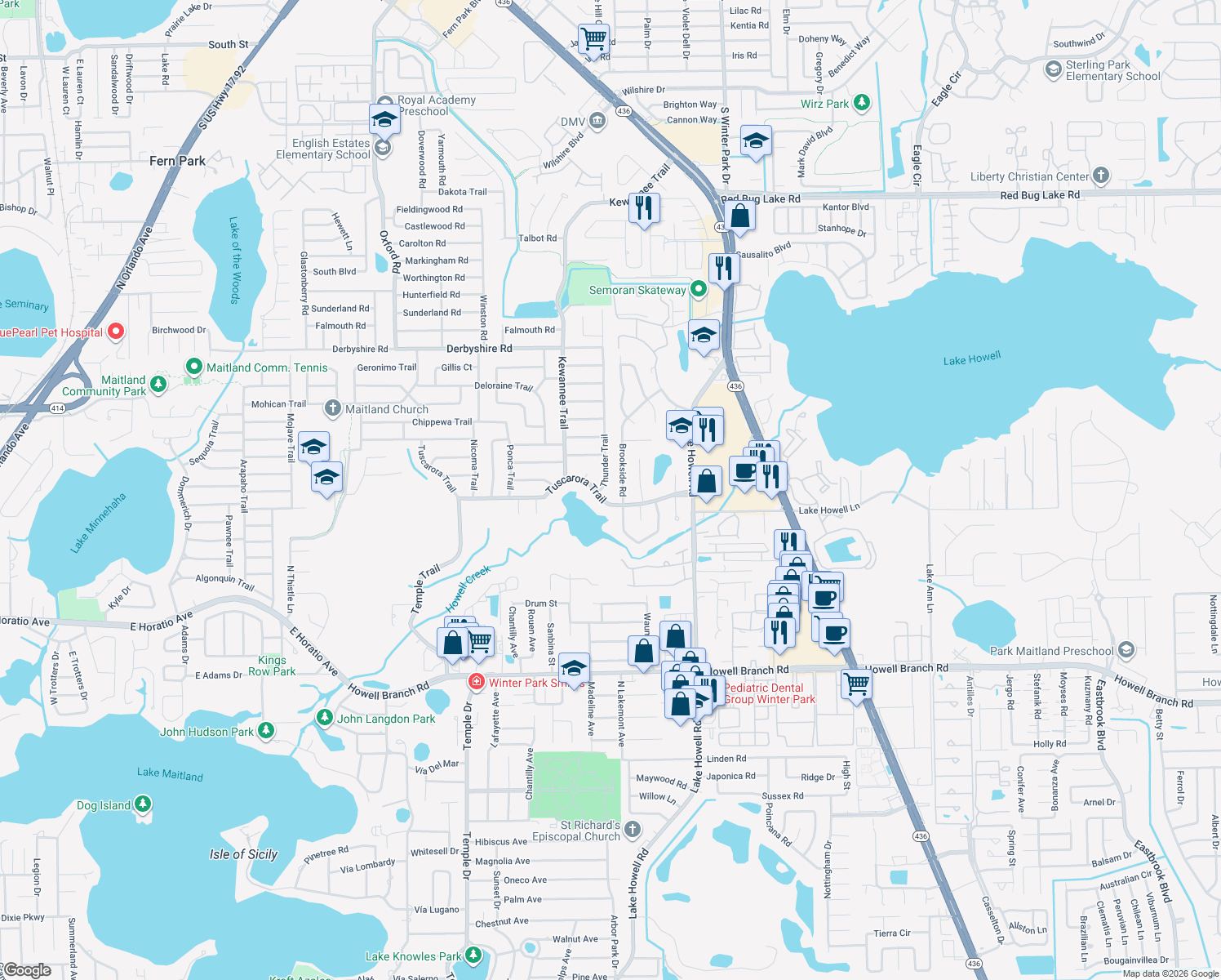 map of restaurants, bars, coffee shops, grocery stores, and more near 607 Thunder Trail in Maitland