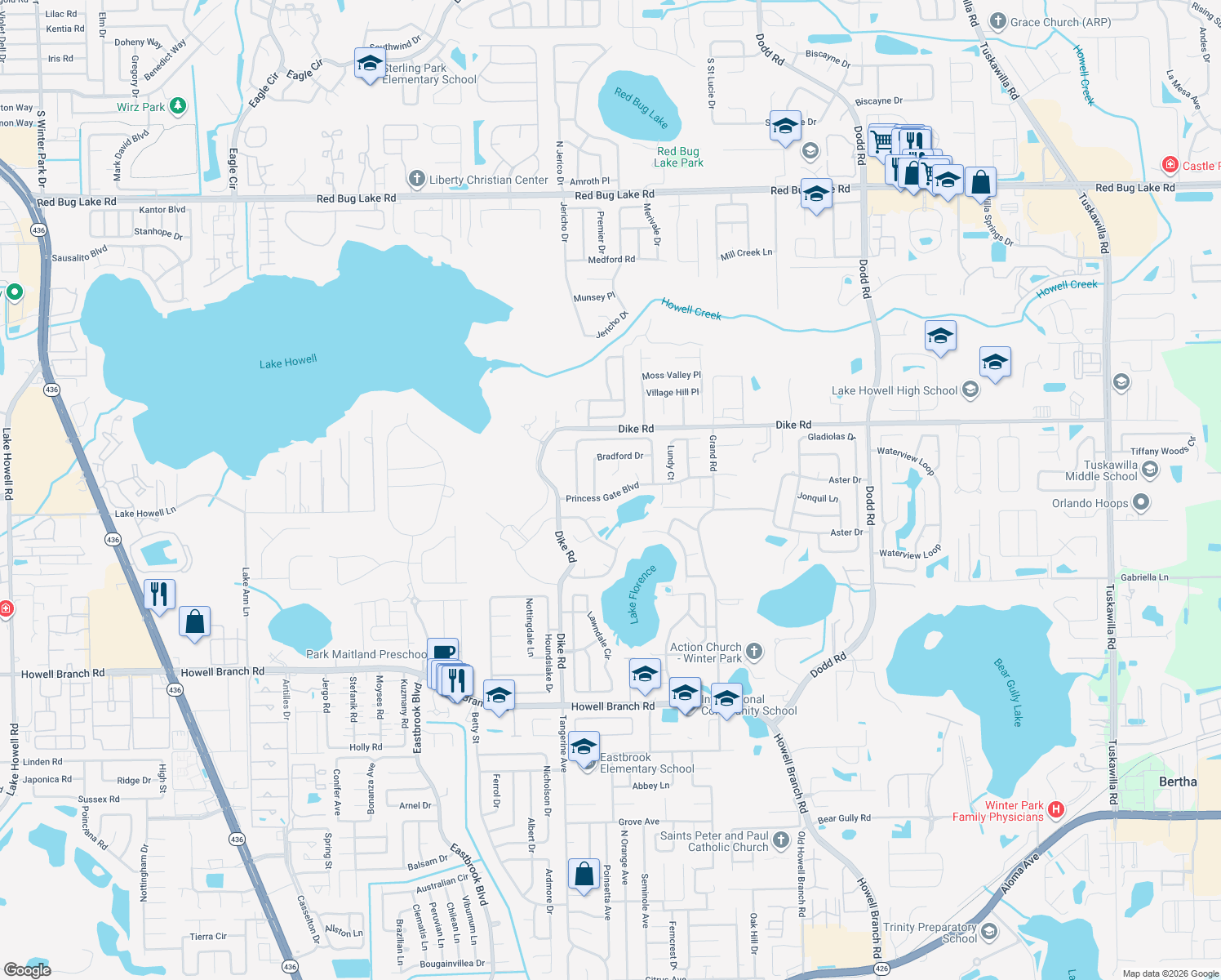 map of restaurants, bars, coffee shops, grocery stores, and more near 1020 Princess Gate Boulevard in Winter Park