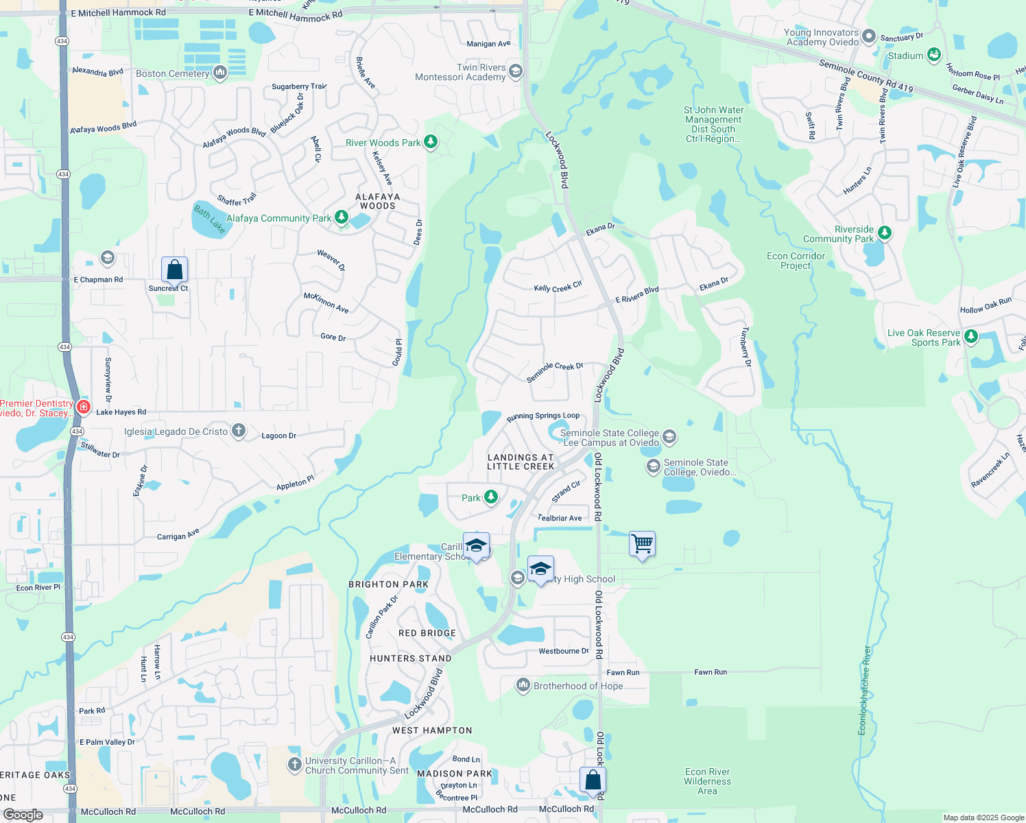 map of restaurants, bars, coffee shops, grocery stores, and more near 2710 Running Springs Loop in Oviedo