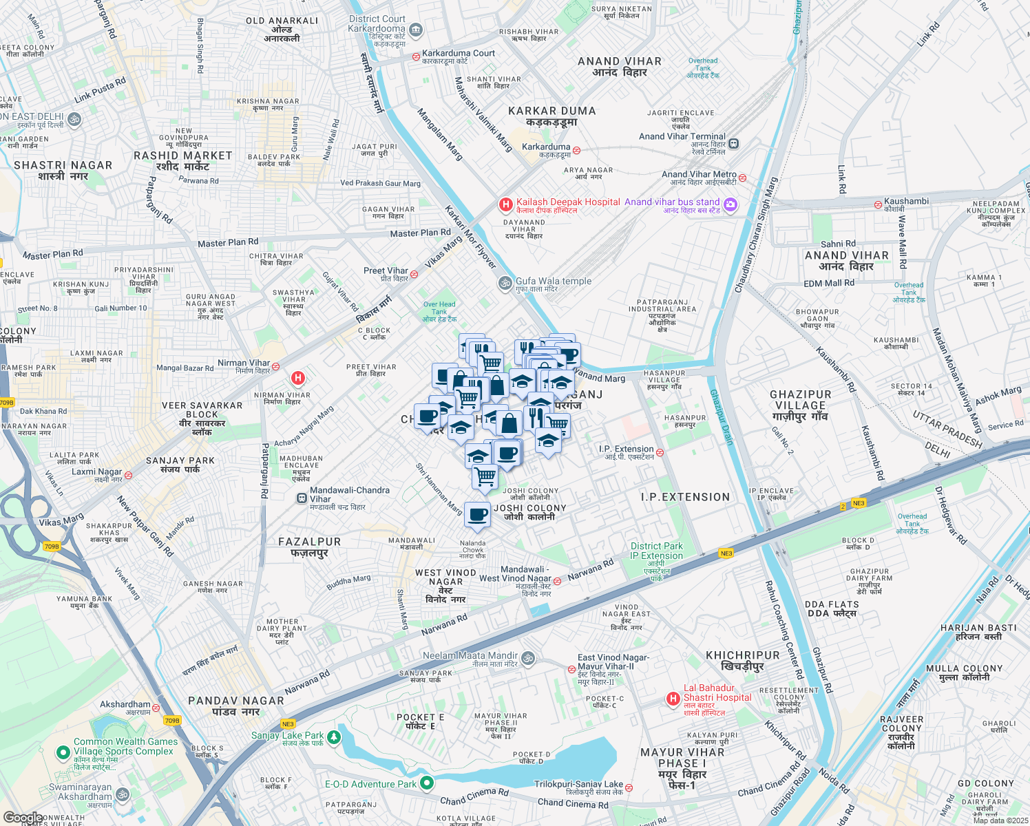 map of restaurants, bars, coffee shops, grocery stores, and more near 68 Madhu Vihar Road in Delhi
