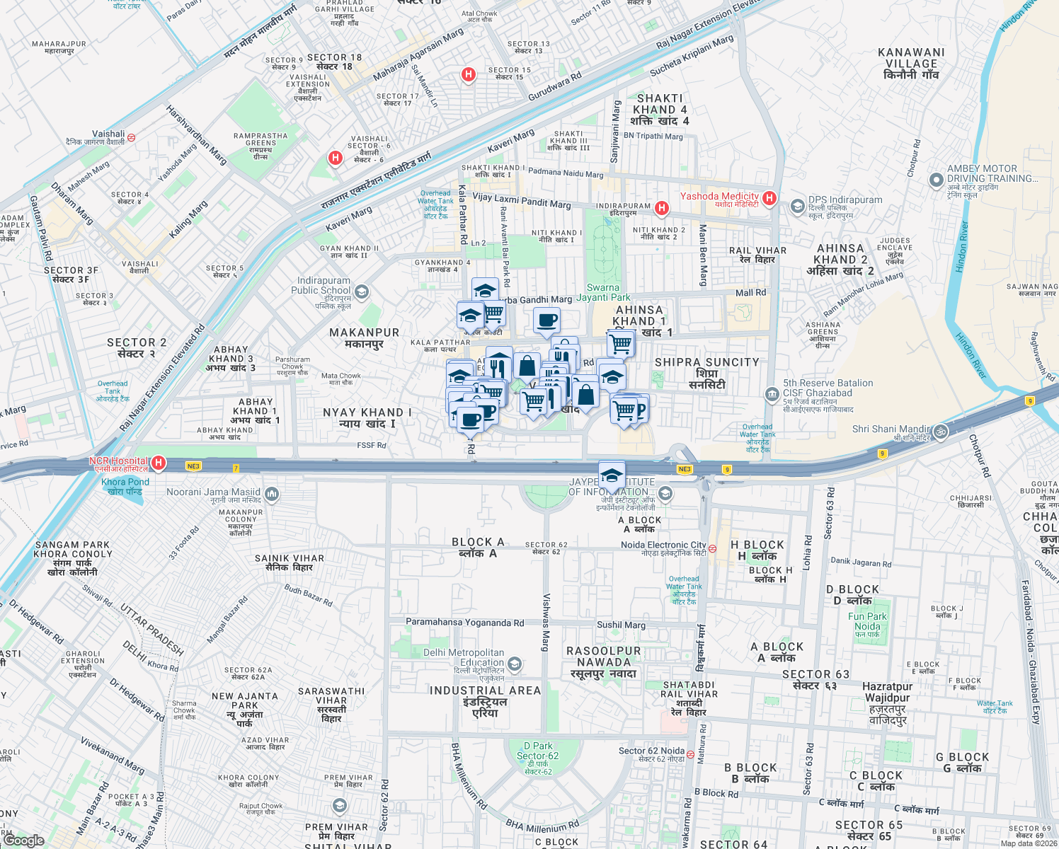 map of restaurants, bars, coffee shops, grocery stores, and more near B-1302 Outer Circle in Ghaziabad