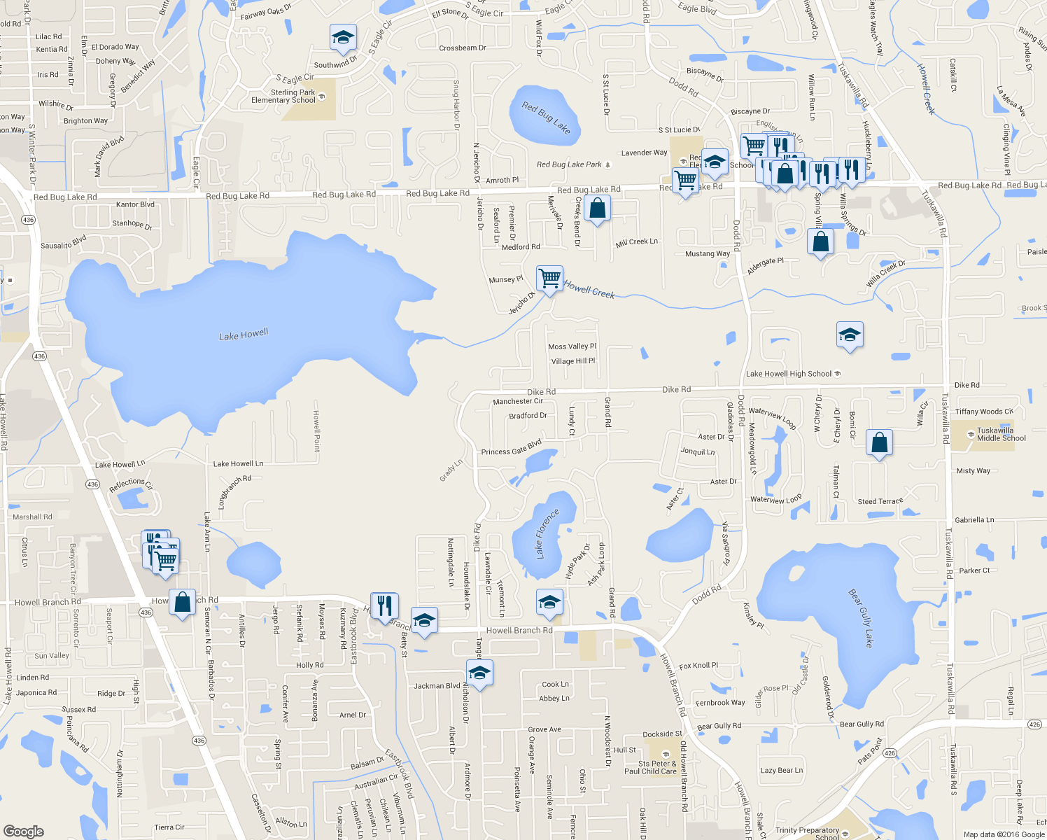 map of restaurants, bars, coffee shops, grocery stores, and more near 1019 Bradford Drive in Winter Park