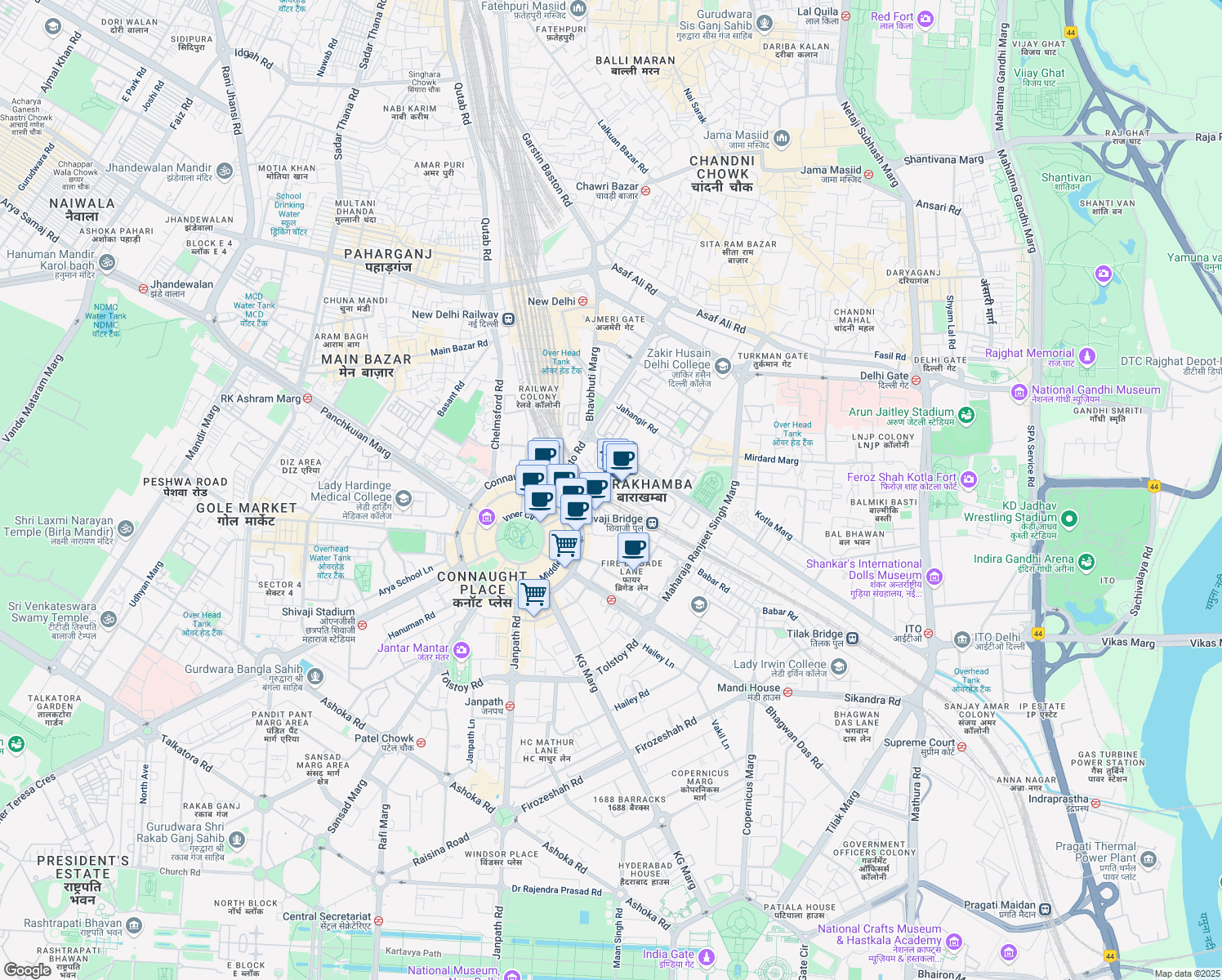 map of restaurants, bars, coffee shops, grocery stores, and more near in New Delhi