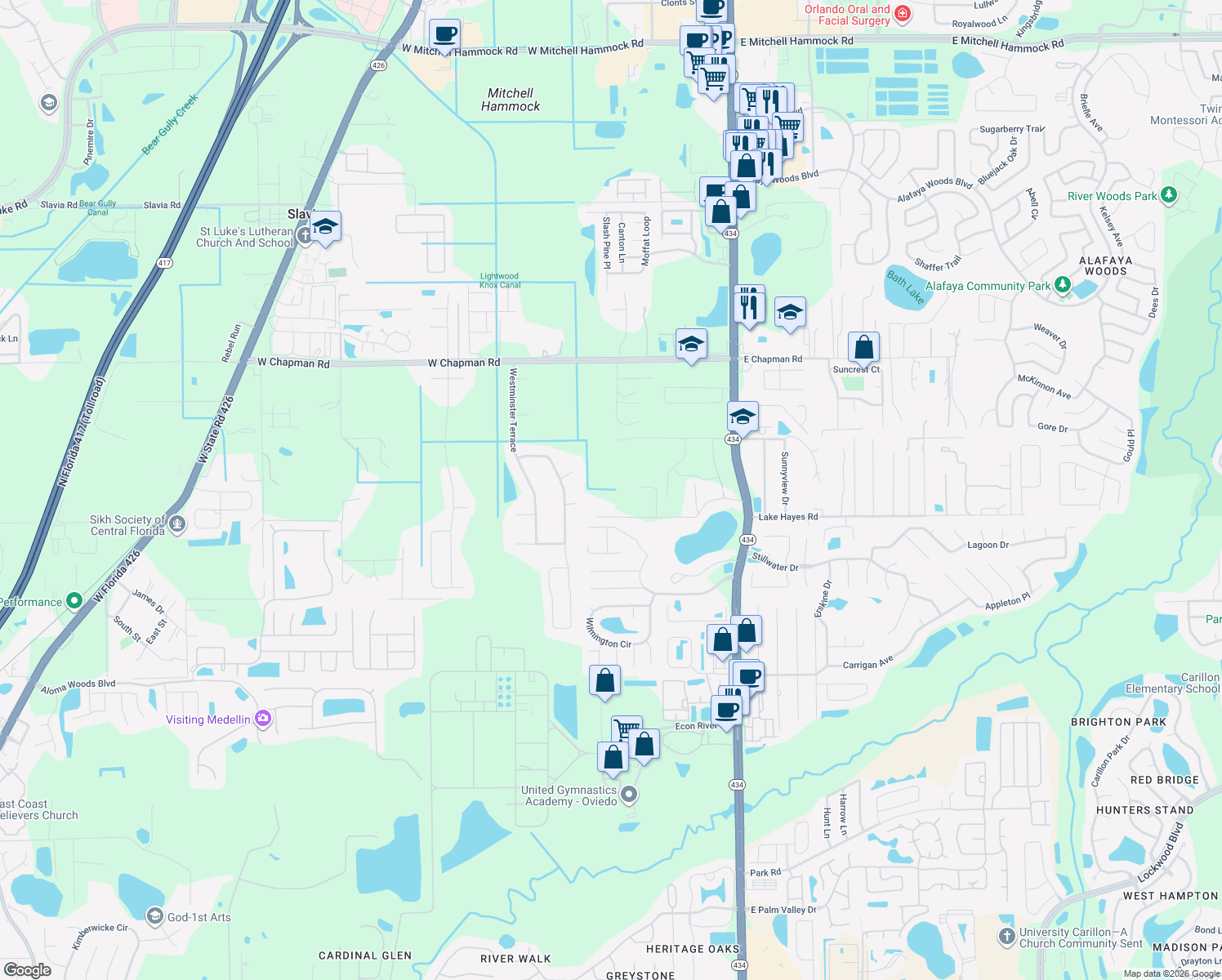 map of restaurants, bars, coffee shops, grocery stores, and more near 270 Lake Drive in Oviedo