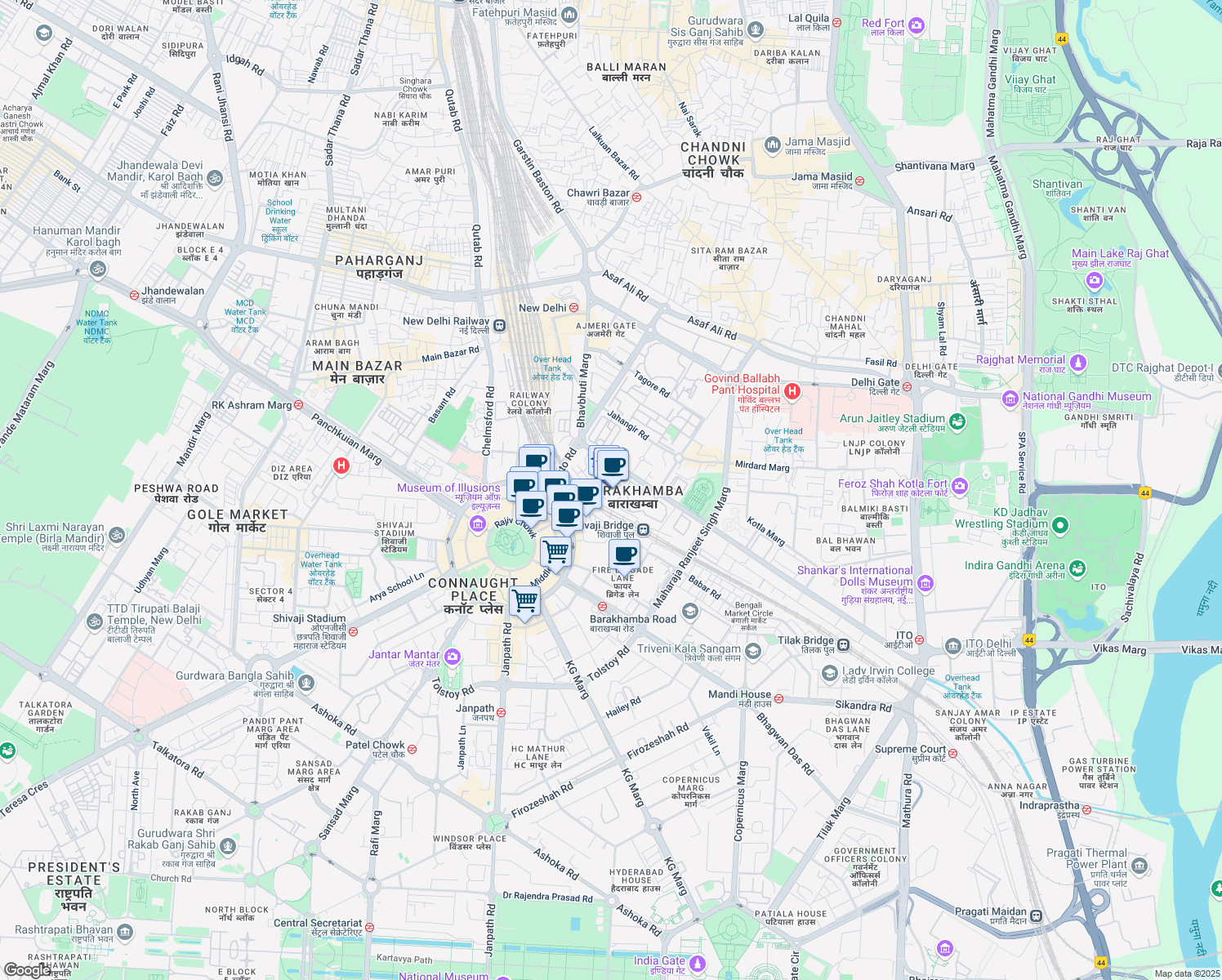 map of restaurants, bars, coffee shops, grocery stores, and more near in New Delhi
