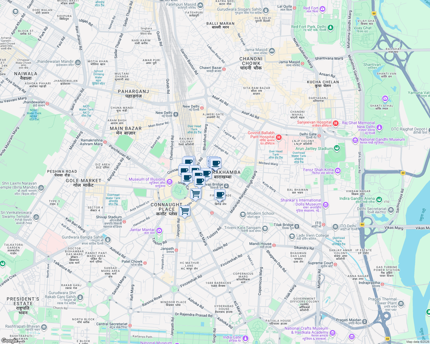 map of restaurants, bars, coffee shops, grocery stores, and more near in New Delhi