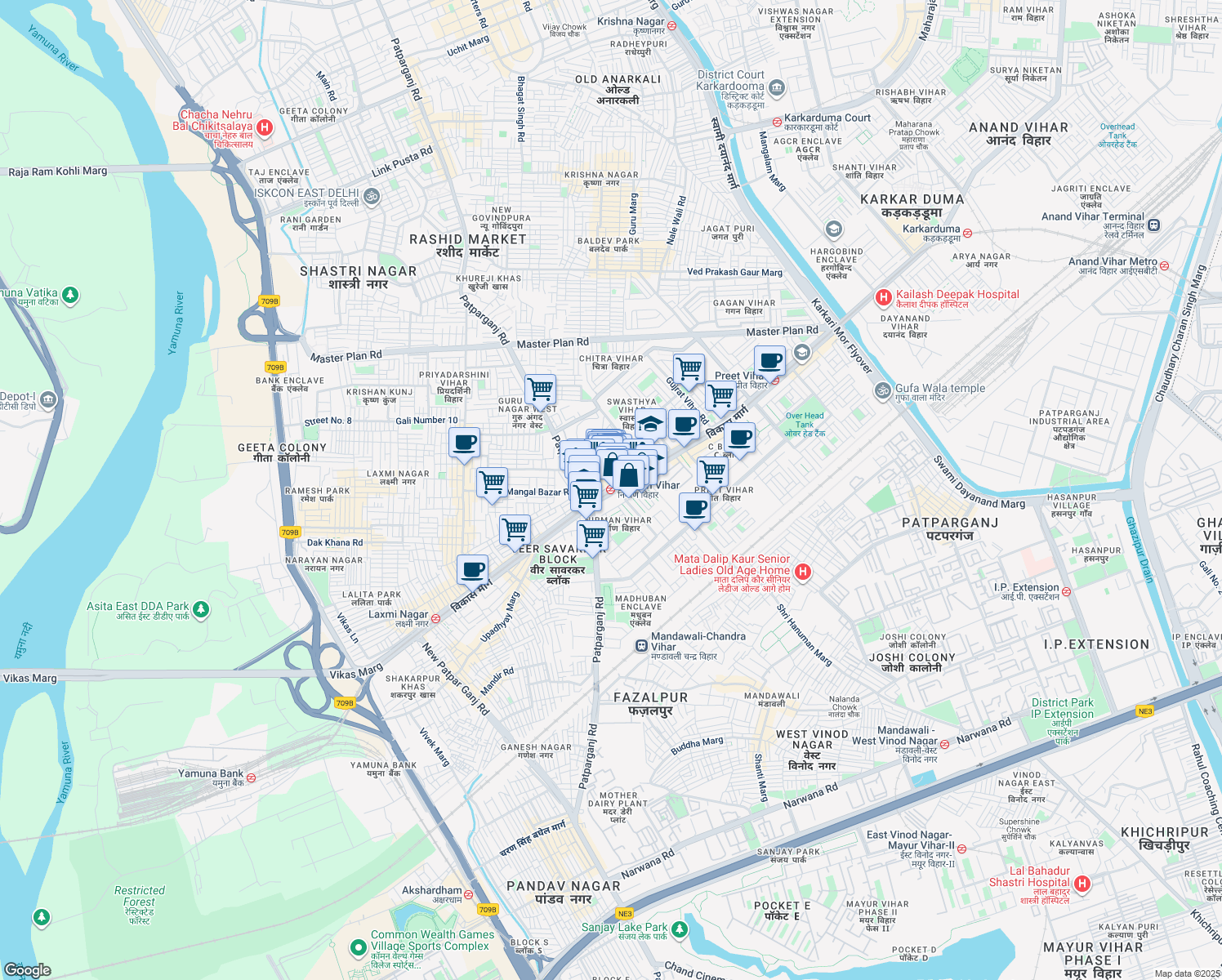 map of restaurants, bars, coffee shops, grocery stores, and more near in Delhi