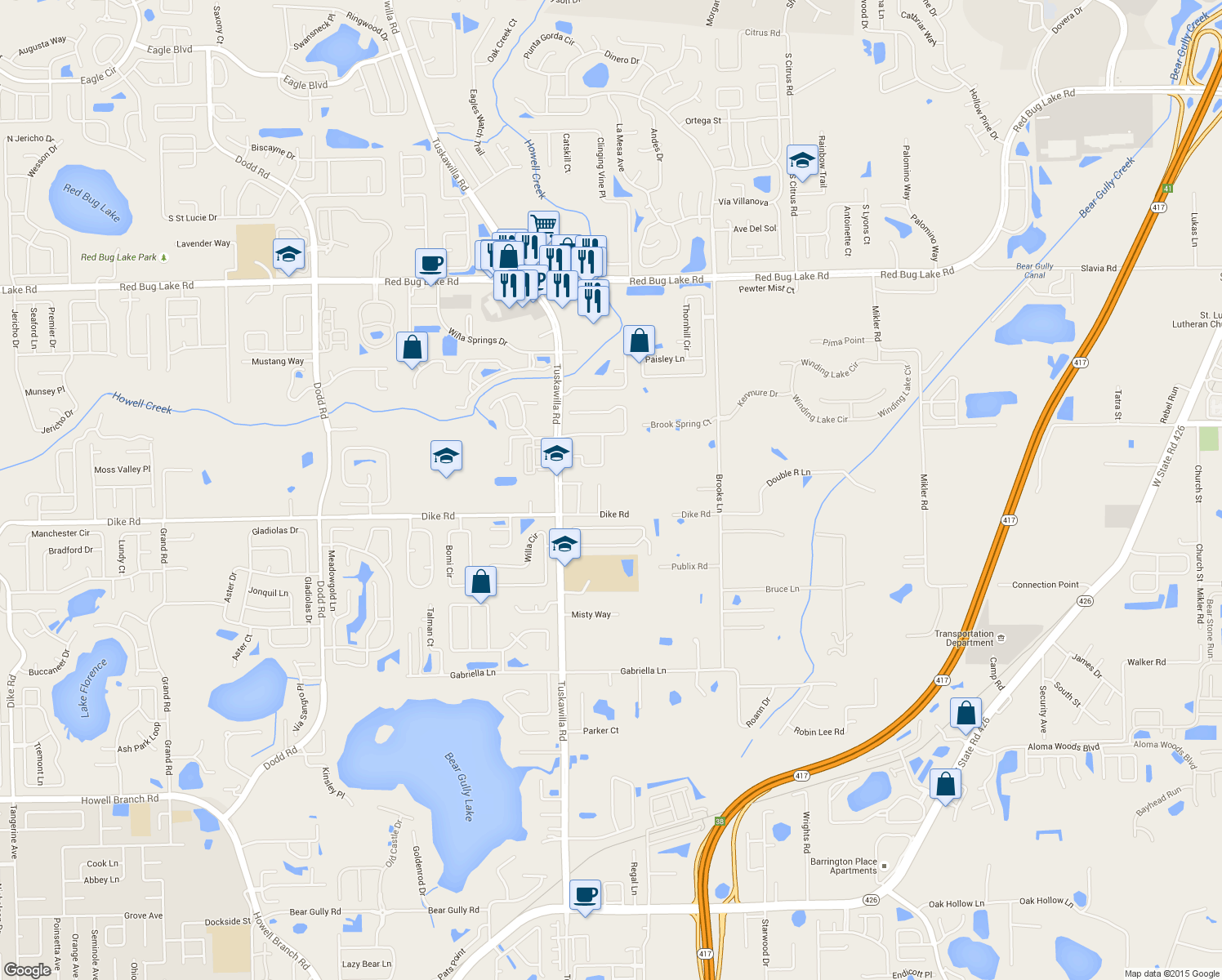map of restaurants, bars, coffee shops, grocery stores, and more near 4724 Dike Road in Oviedo