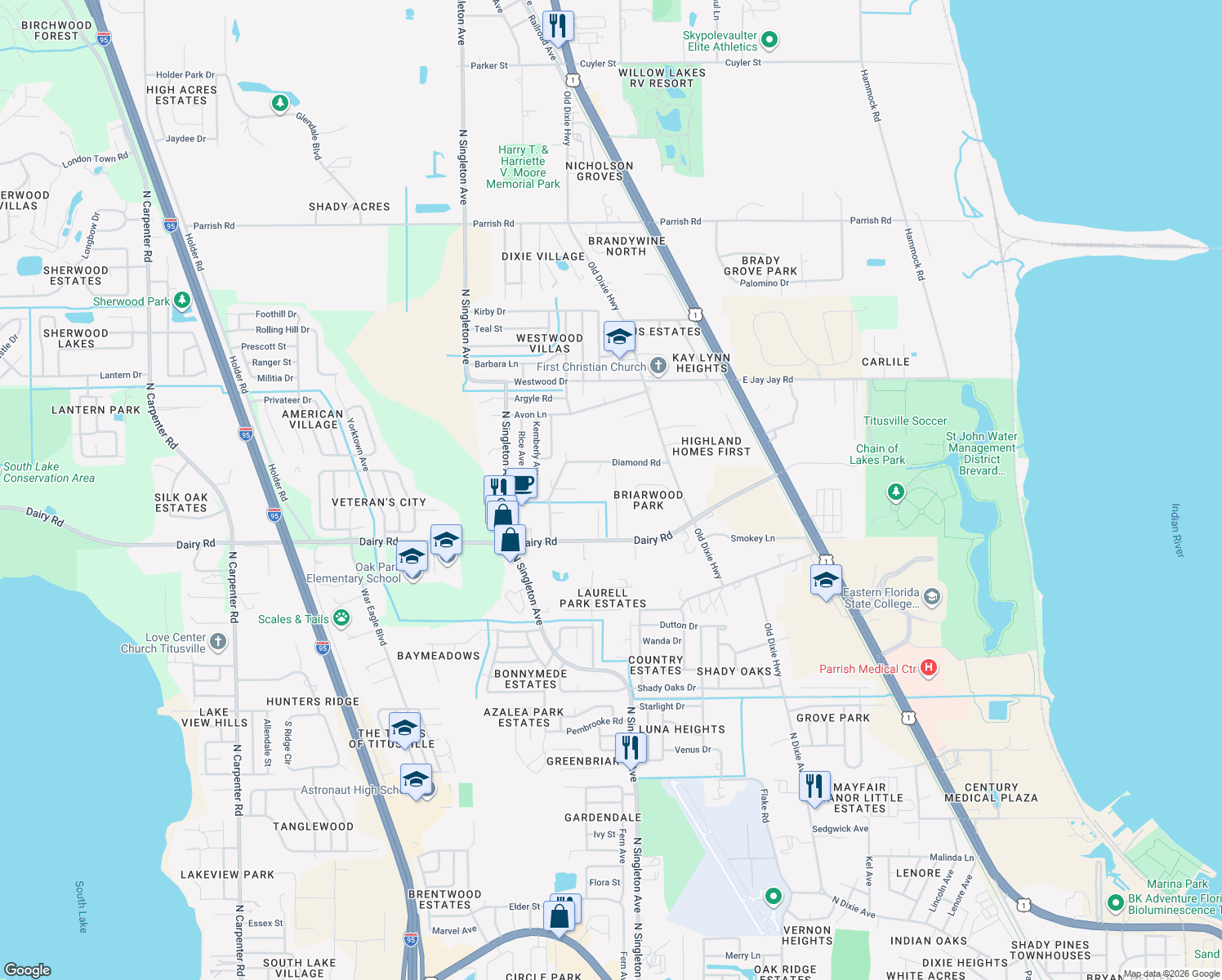 map of restaurants, bars, coffee shops, grocery stores, and more near 1516 Wakefield Terrace in Titusville