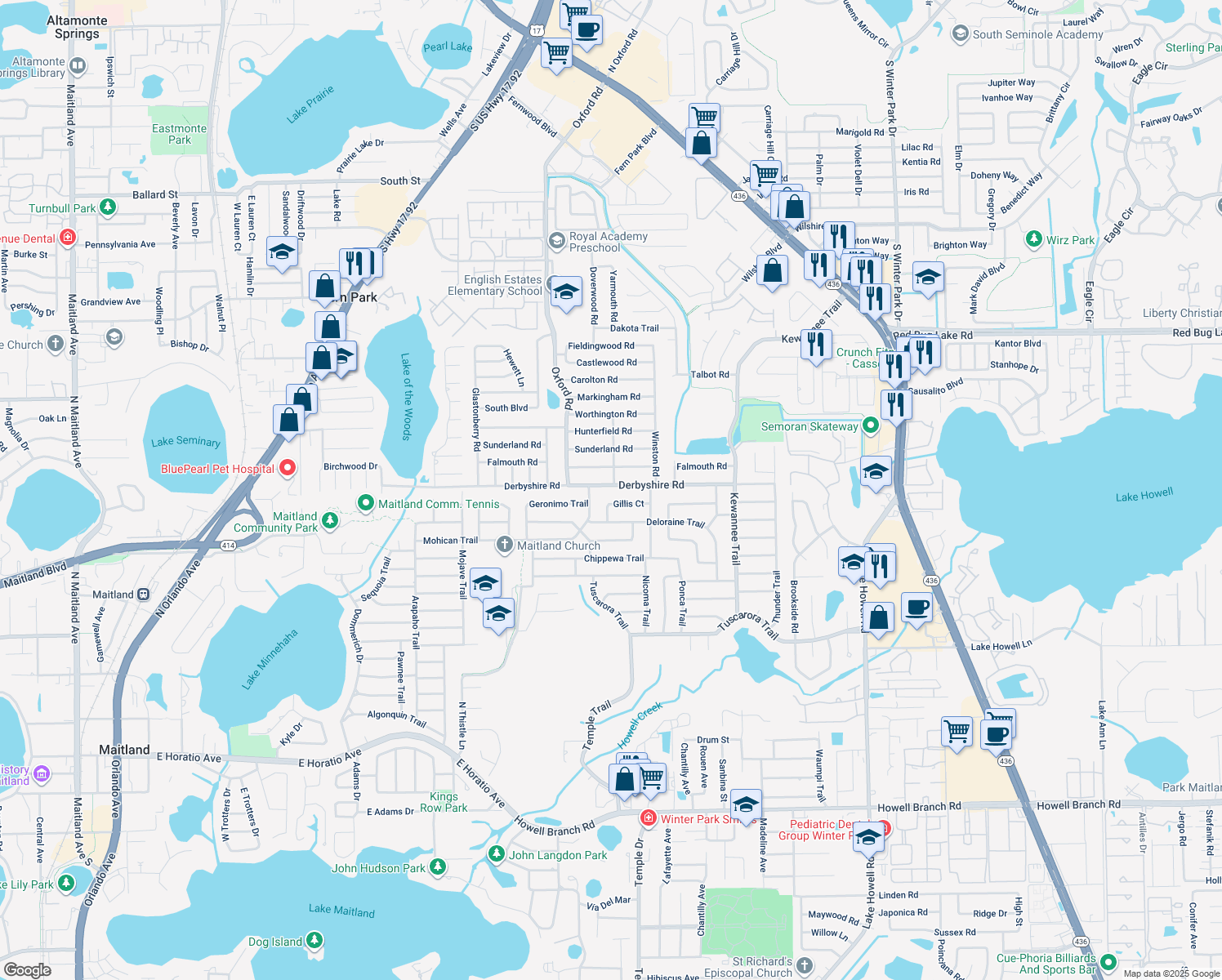 map of restaurants, bars, coffee shops, grocery stores, and more near 2350 Derbyshire Road in Maitland