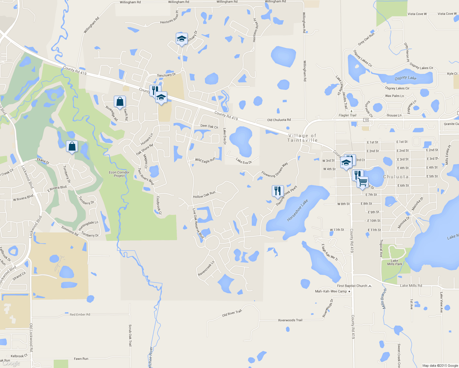 map of restaurants, bars, coffee shops, grocery stores, and more near 2281 Foliage Oak Terrace in Oviedo