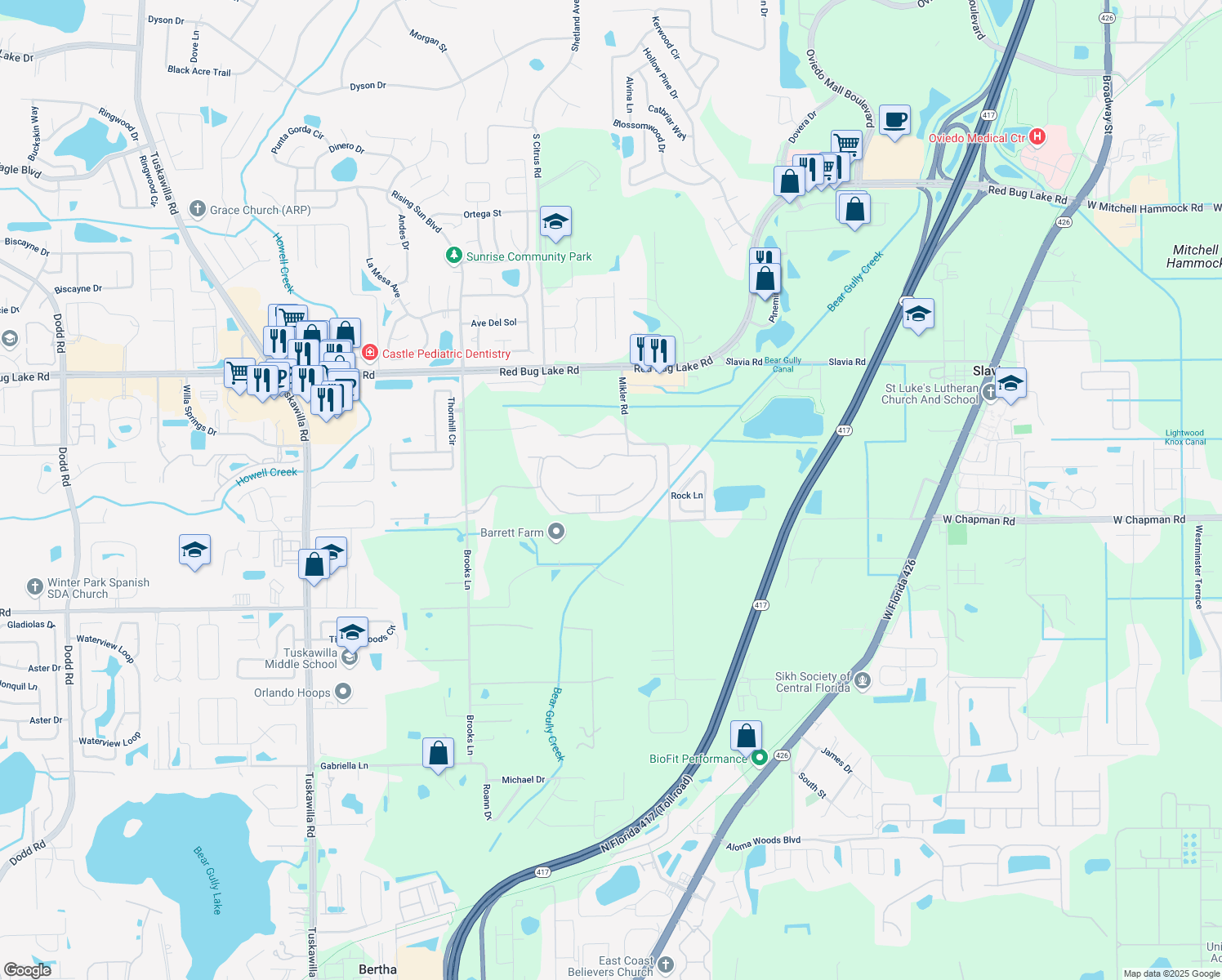 map of restaurants, bars, coffee shops, grocery stores, and more near 7572 Brightwater Pl in Oviedo
