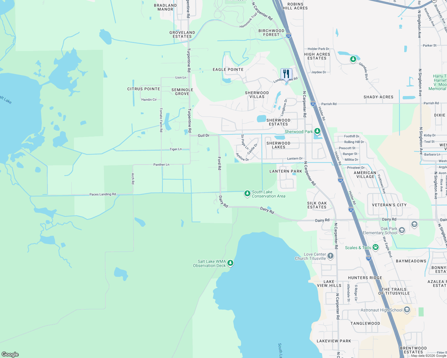map of restaurants, bars, coffee shops, grocery stores, and more near 1657 Ford Road in Mims