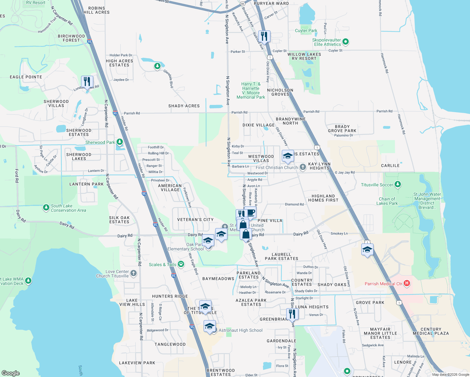map of restaurants, bars, coffee shops, grocery stores, and more near 1736 North Singleton Avenue in Titusville