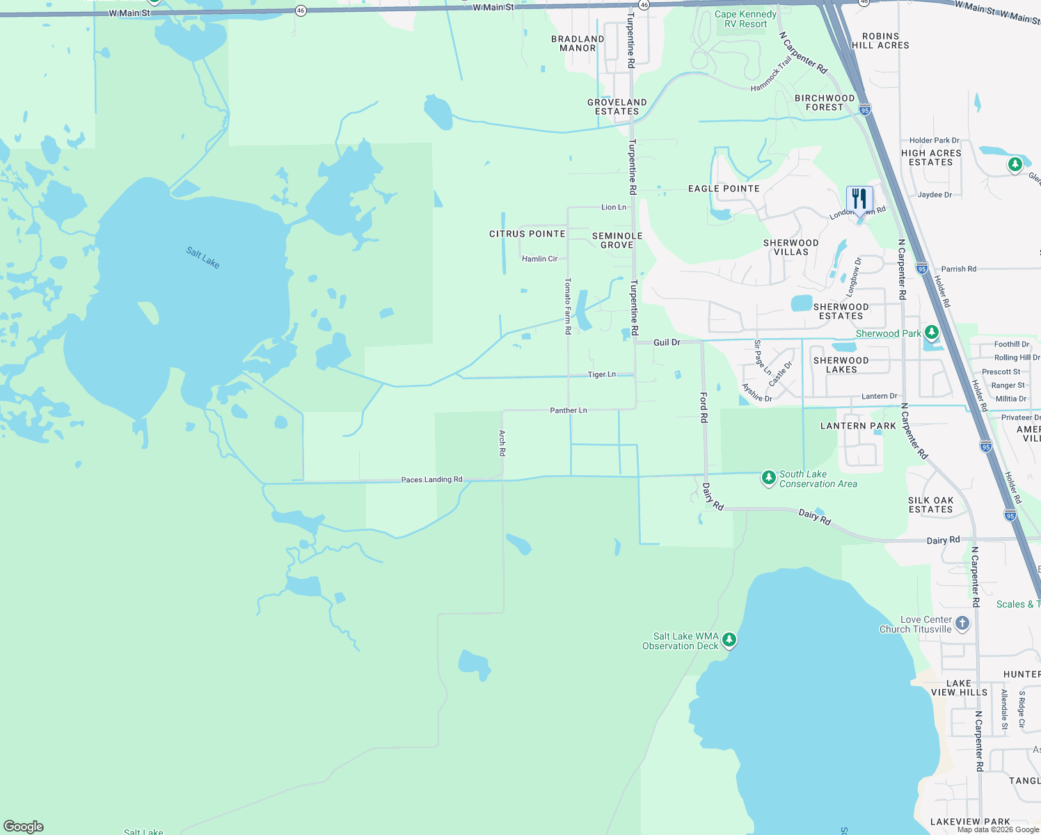 map of restaurants, bars, coffee shops, grocery stores, and more near 5025 Panther Lane in Mims