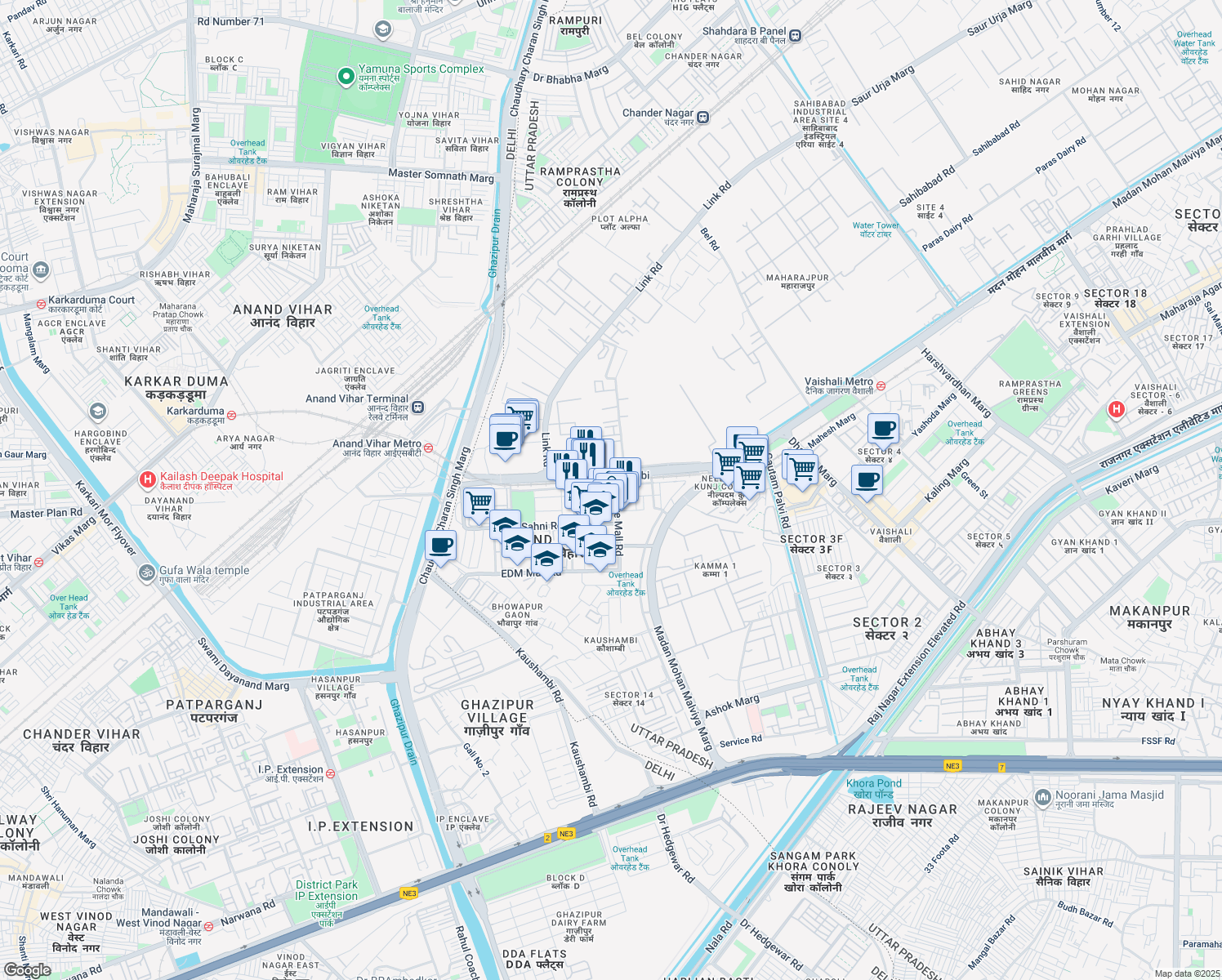 map of restaurants, bars, coffee shops, grocery stores, and more near 45 Doctor Burman Road in Ghaziabad