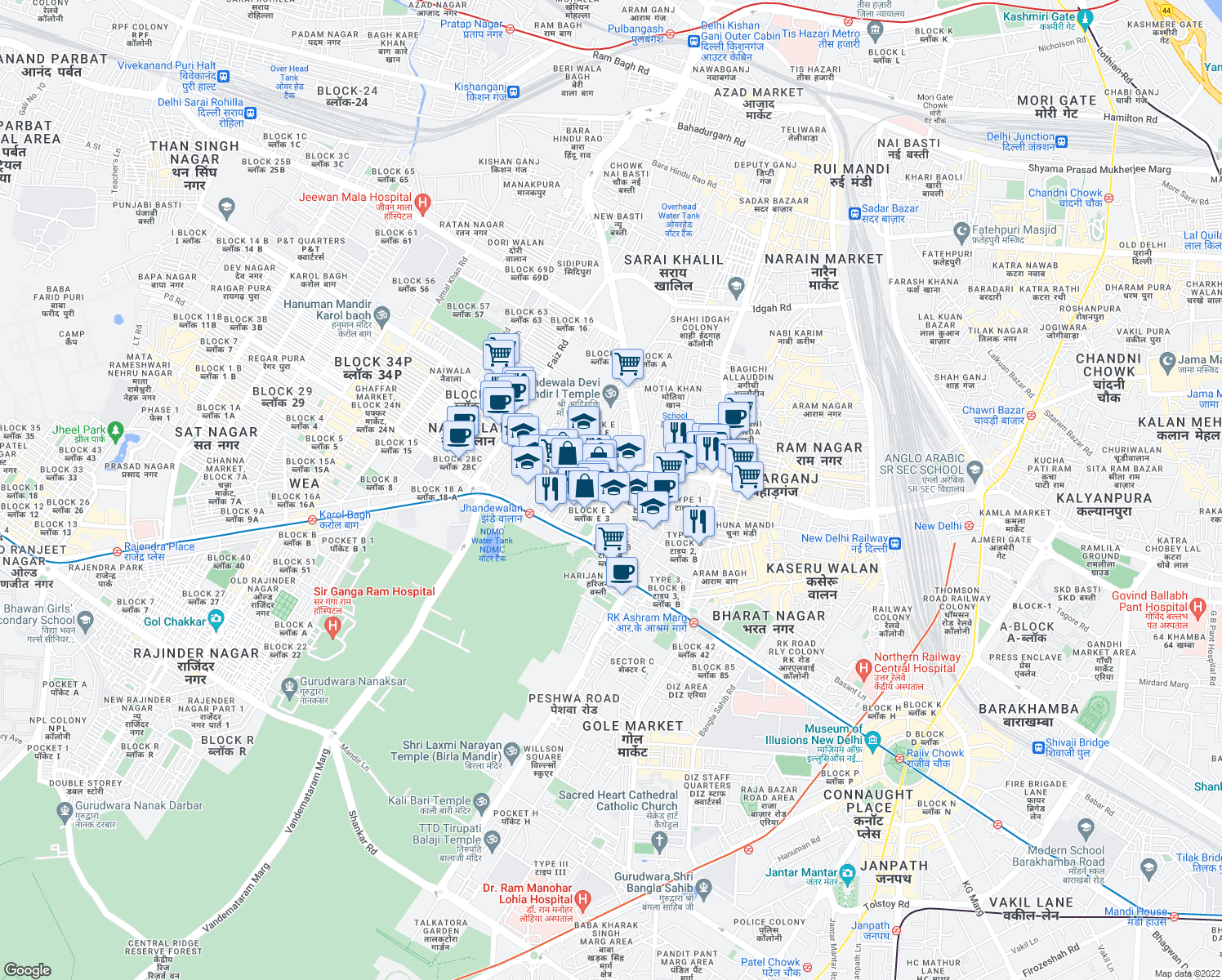 map of restaurants, bars, coffee shops, grocery stores, and more near in New Delhi