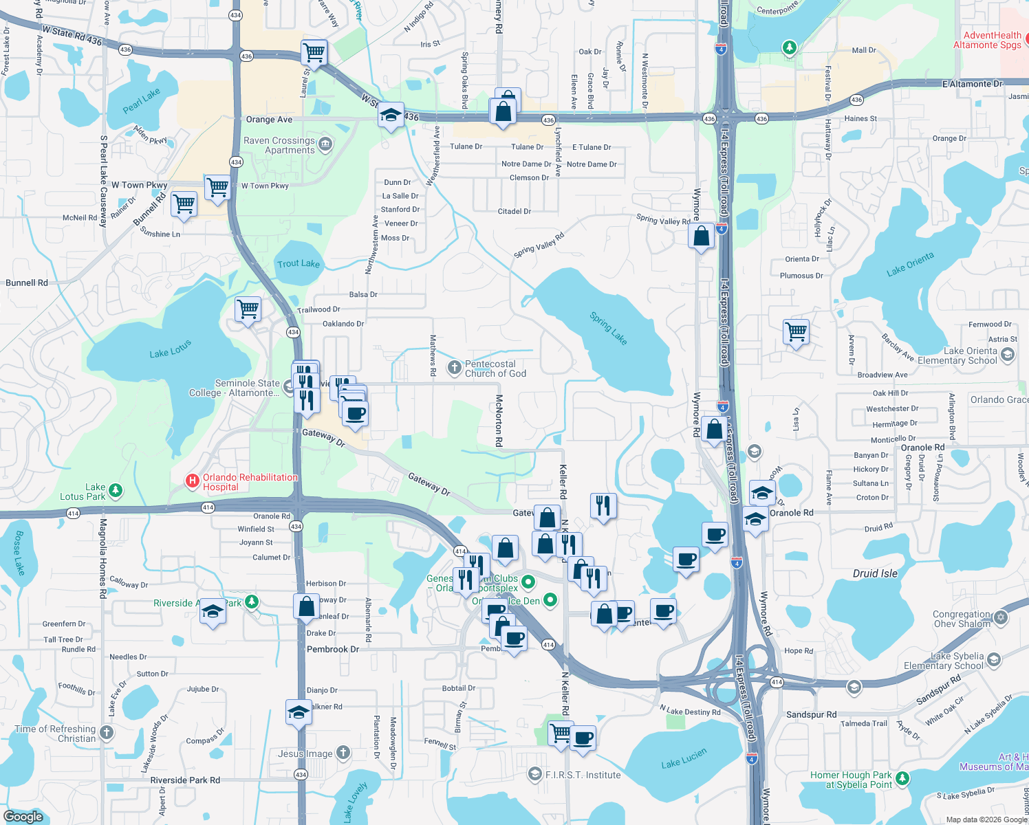 map of restaurants, bars, coffee shops, grocery stores, and more near 157 Spring Chase Circle in Altamonte Springs