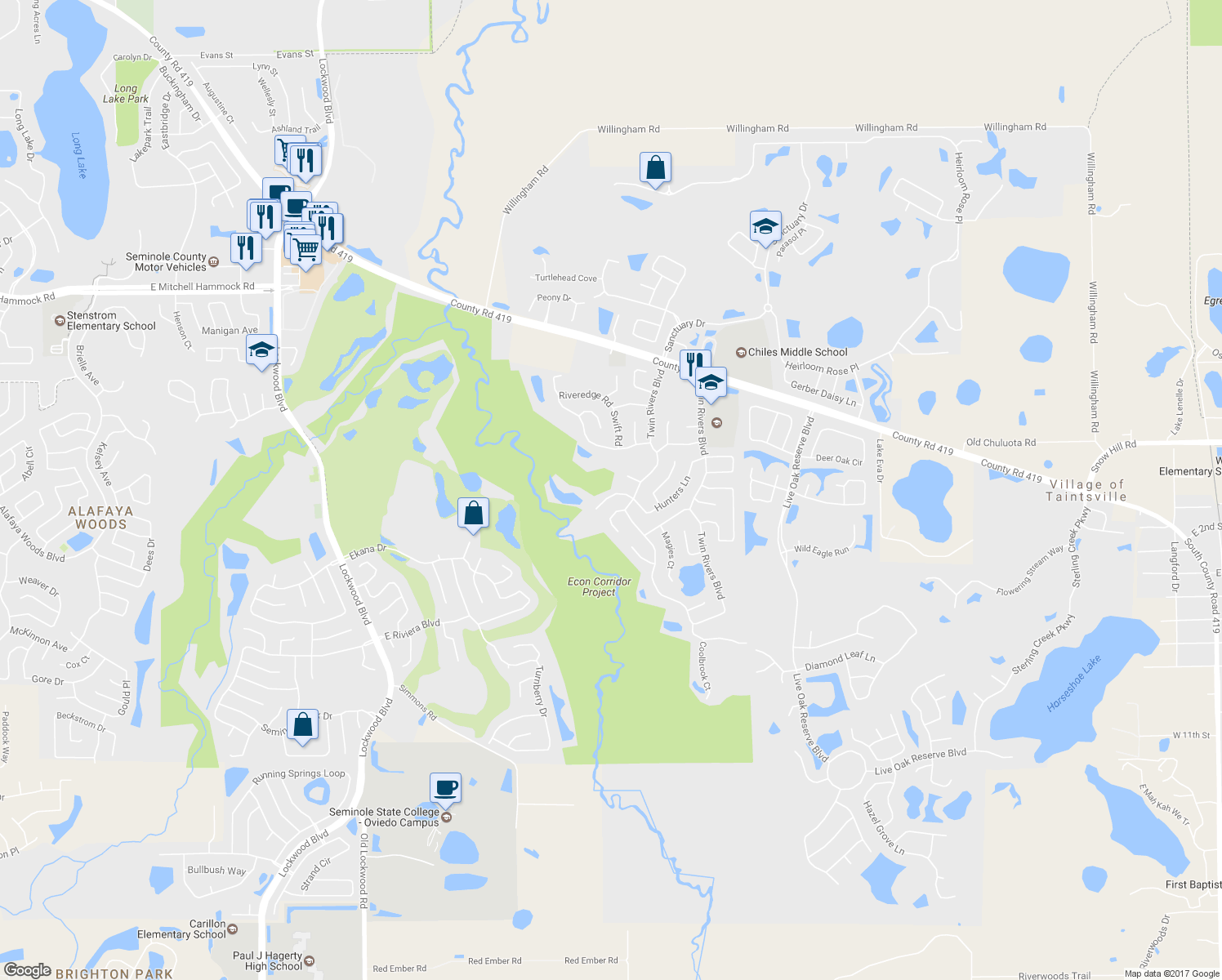 map of restaurants, bars, coffee shops, grocery stores, and more near 2340 Pinebrook Court in Oviedo