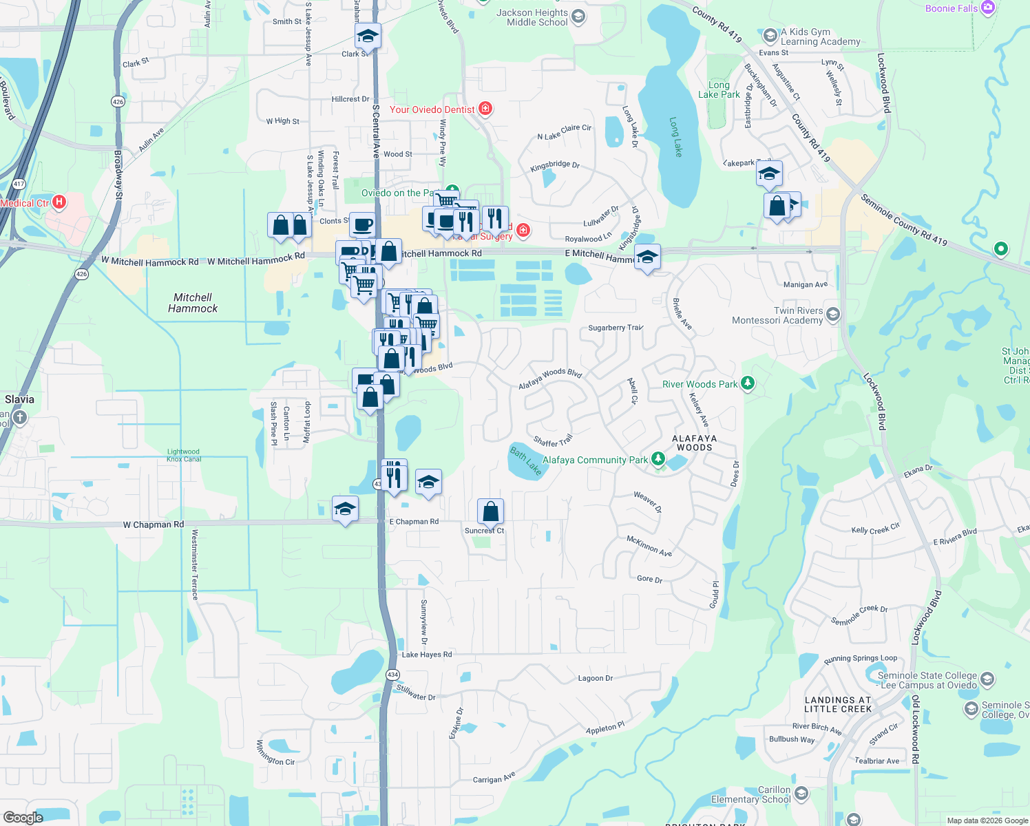 map of restaurants, bars, coffee shops, grocery stores, and more near 1013 Providence Lane in Oviedo