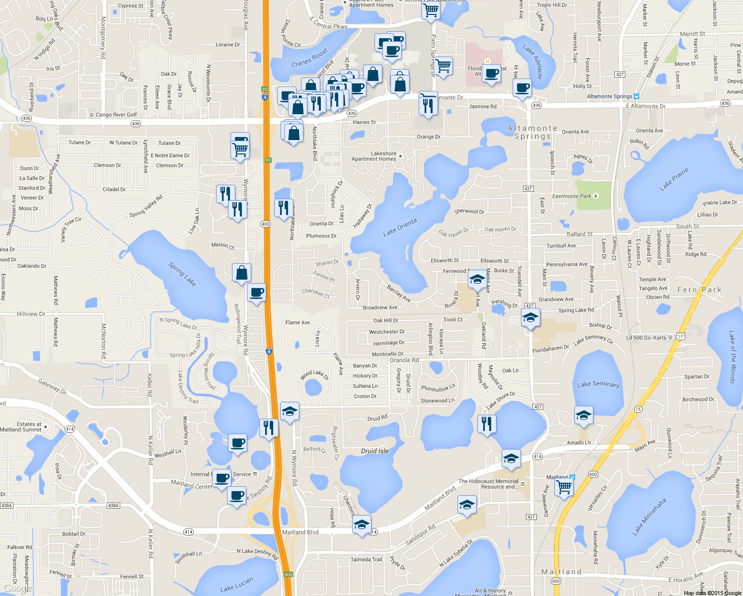 map of restaurants, bars, coffee shops, grocery stores, and more near 625 Mayfair Avenue in Altamonte Springs
