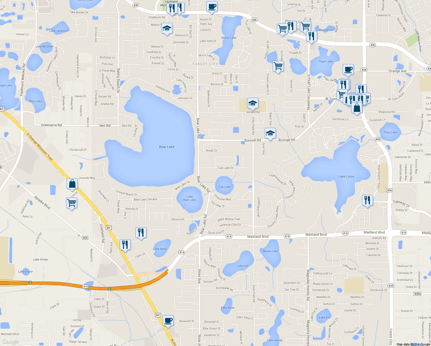 map of restaurants, bars, coffee shops, grocery stores, and more near 5308 Cub Lake Drive in Apopka