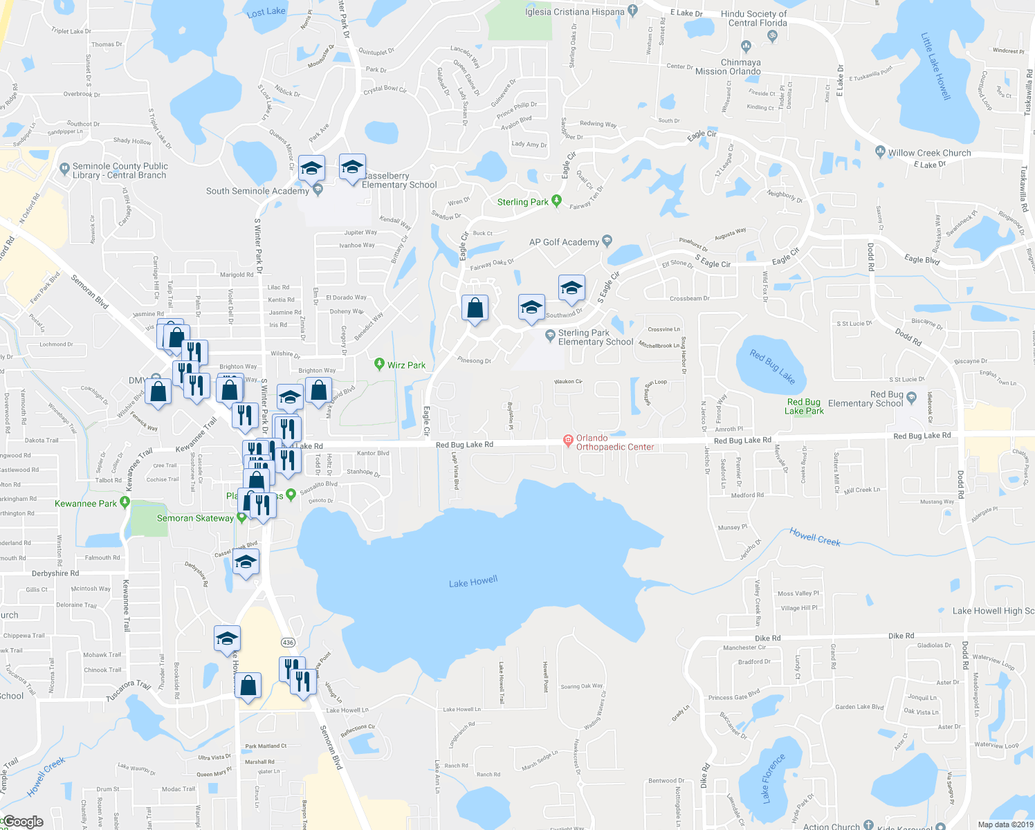 map of restaurants, bars, coffee shops, grocery stores, and more near 2949 Lowell Court in Casselberry