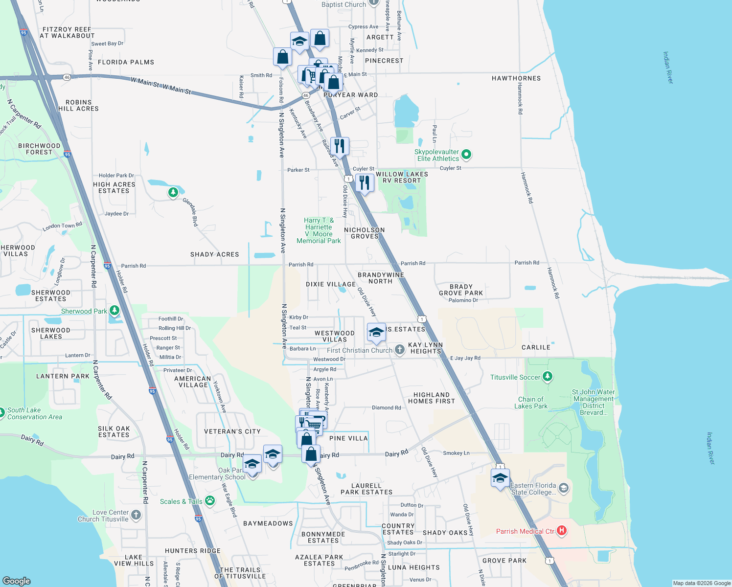 map of restaurants, bars, coffee shops, grocery stores, and more near 1935 Old Dixie Highway in Titusville