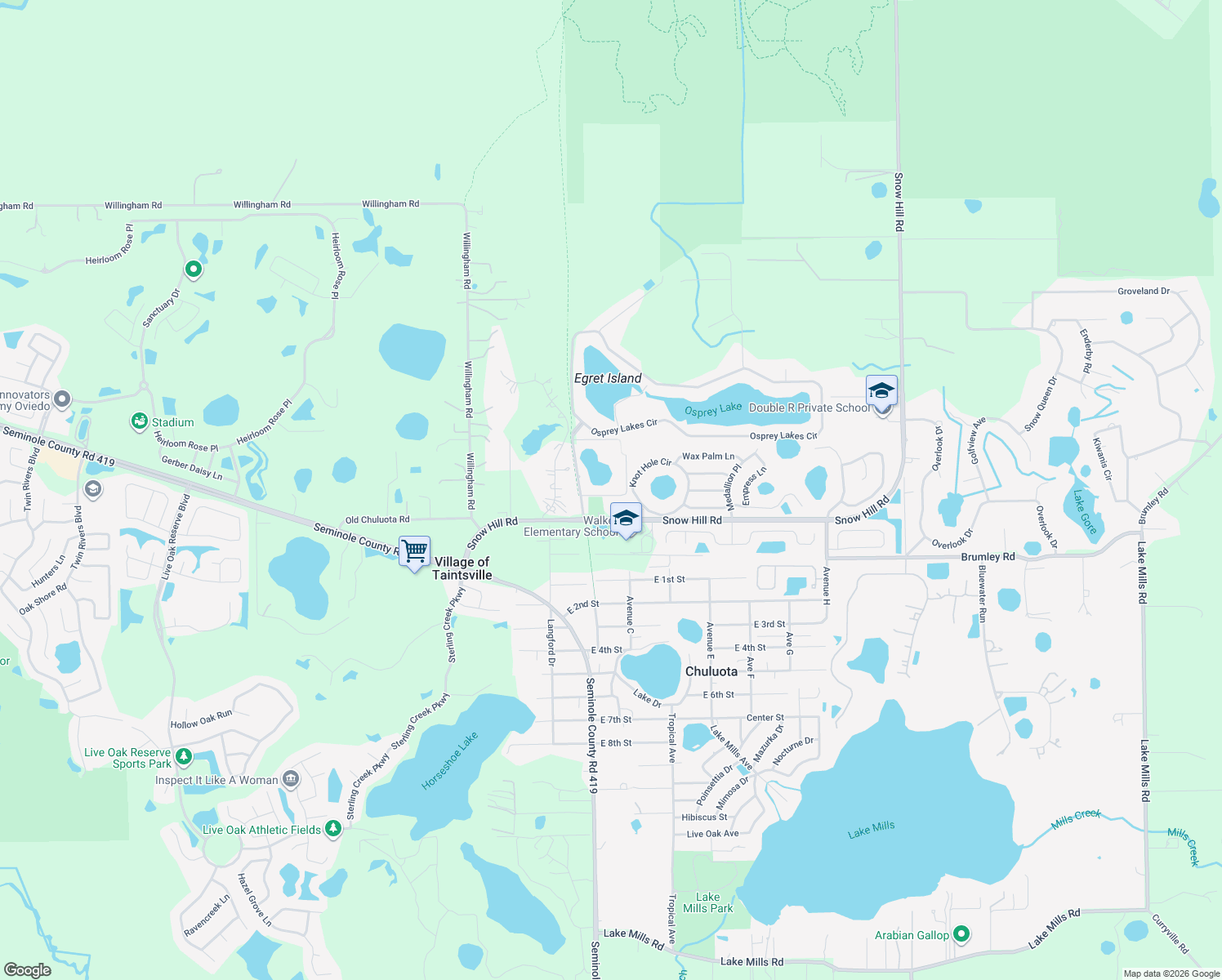 map of restaurants, bars, coffee shops, grocery stores, and more near 116 Lake Crescent Drive in Chuluota