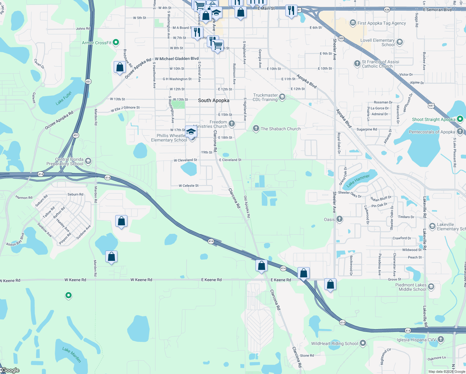map of restaurants, bars, coffee shops, grocery stores, and more near 1757 Clarcona Road in Apopka