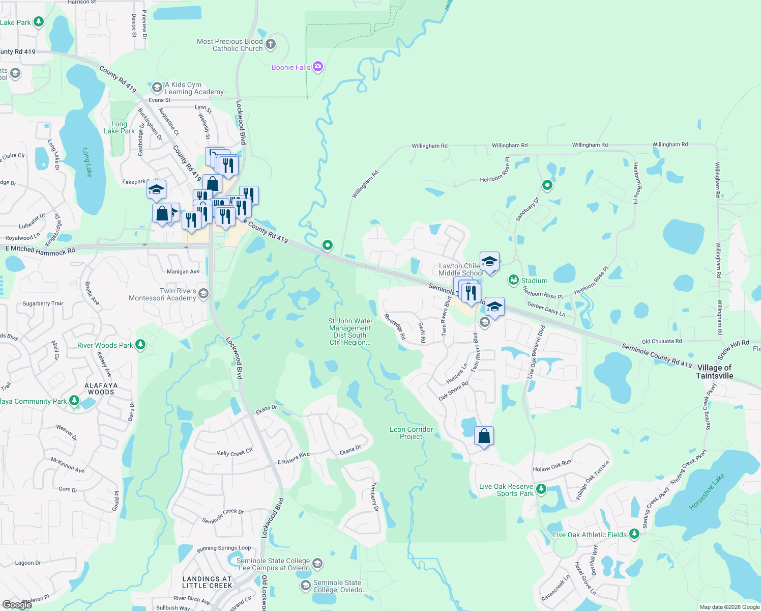 map of restaurants, bars, coffee shops, grocery stores, and more near 1925 Aquarius Court in Oviedo