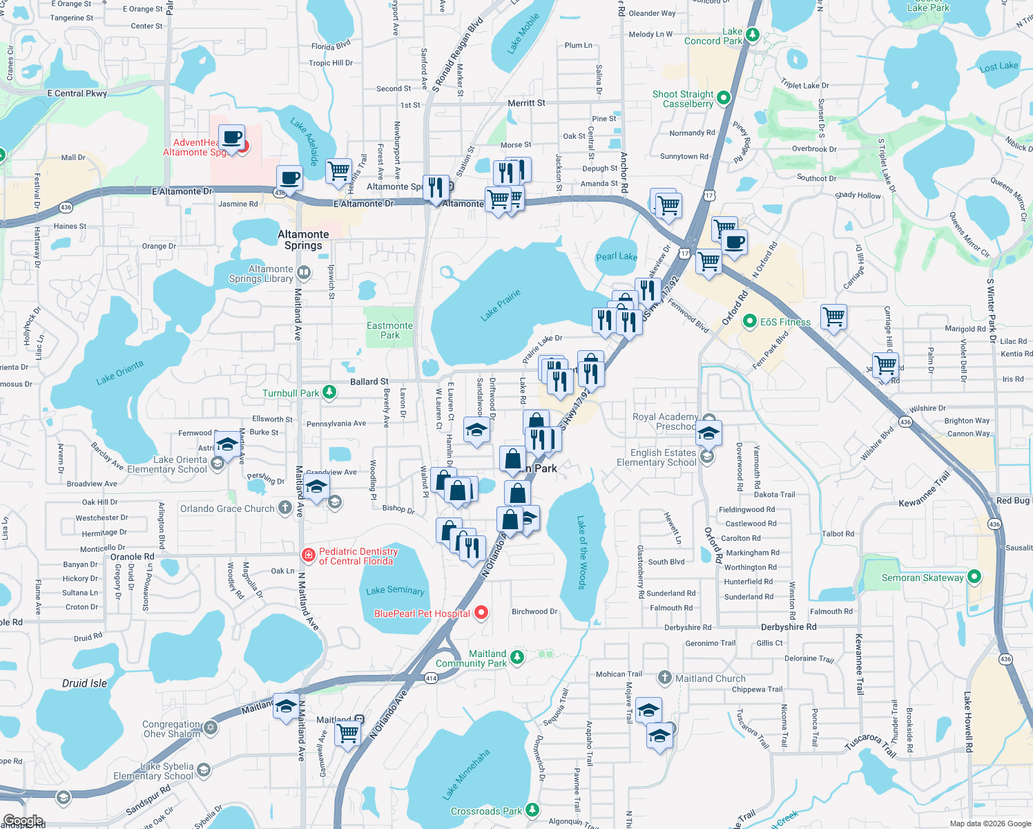 map of restaurants, bars, coffee shops, grocery stores, and more near 308 Ridge Road in Fern Park