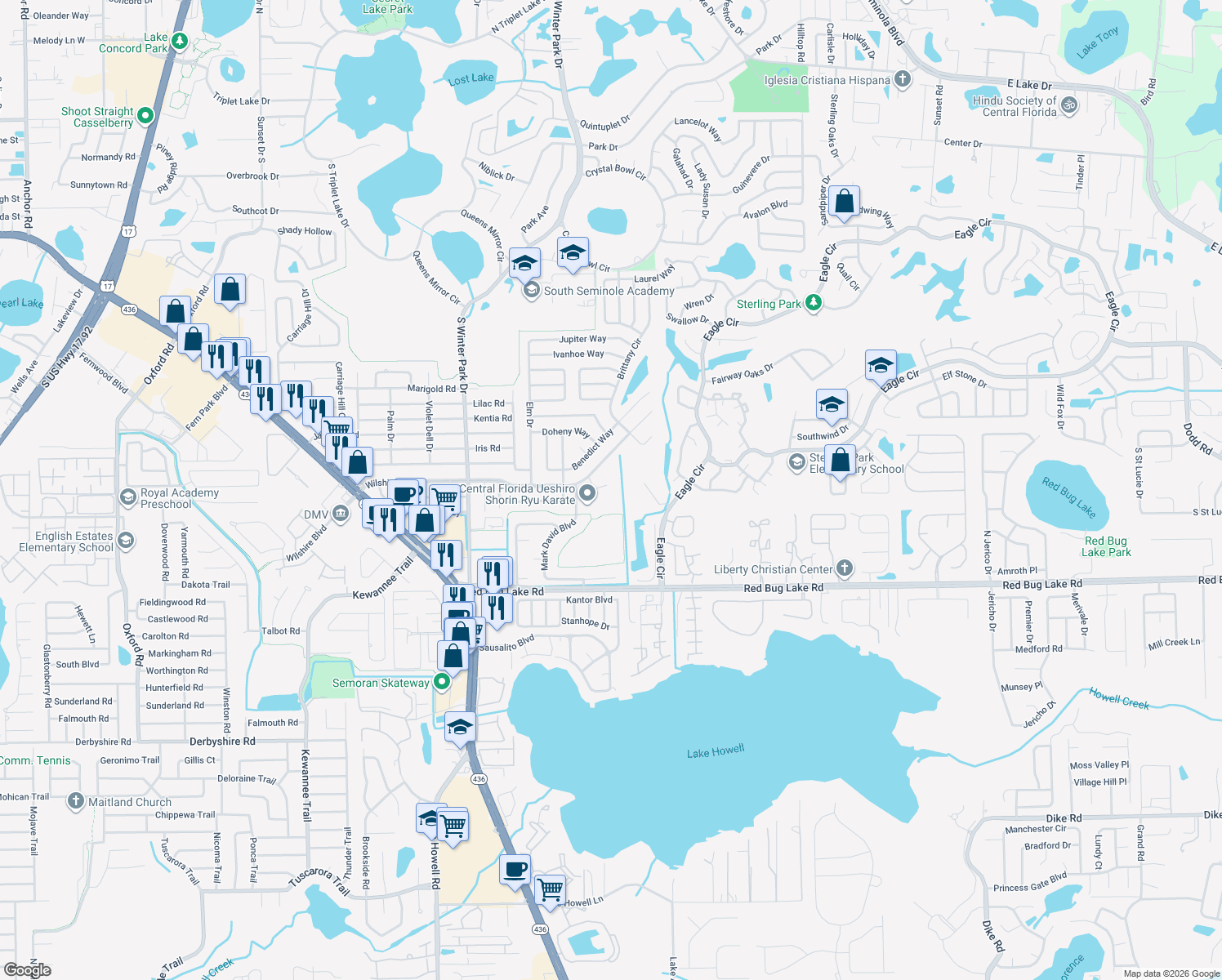 map of restaurants, bars, coffee shops, grocery stores, and more near 811 Wilshire Court in Casselberry